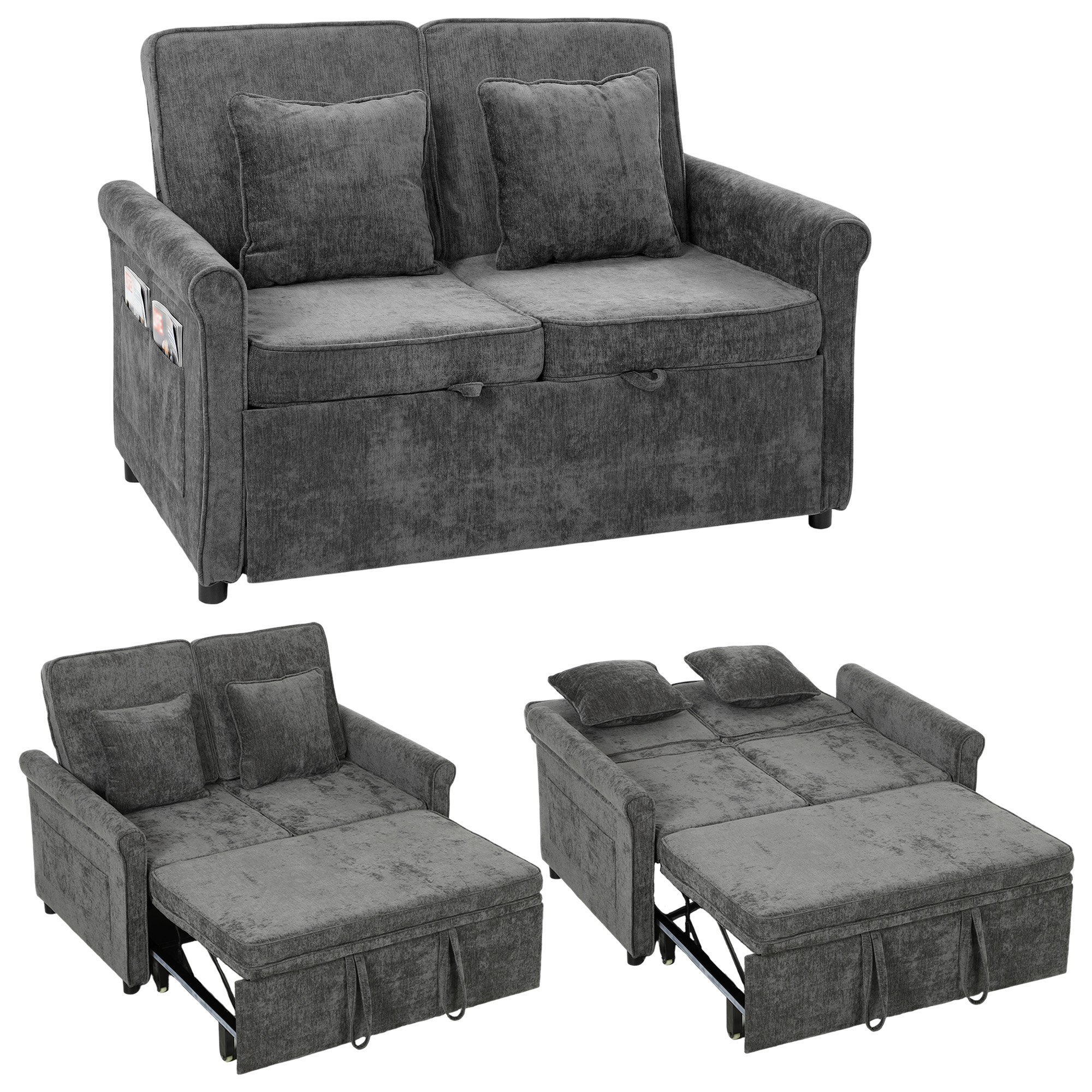 HOMCOM 2 Seater 3-in-1 Convertible Pull Out Double Sleeper Sofa - Grey