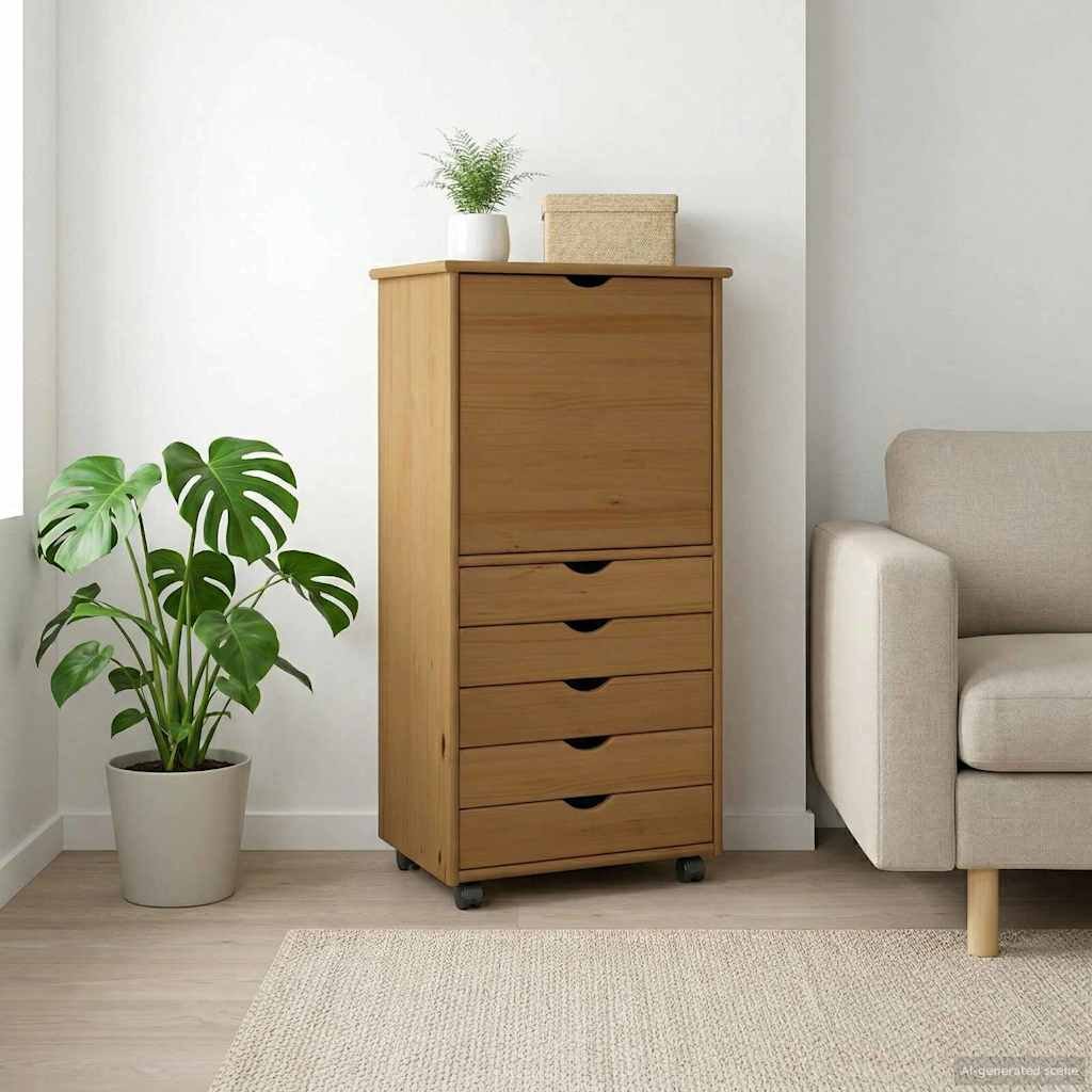 Walplus 5 Drawer Solid Pine Rolling Cabinet - Honey Brown - 53 x 39 x 103 cm