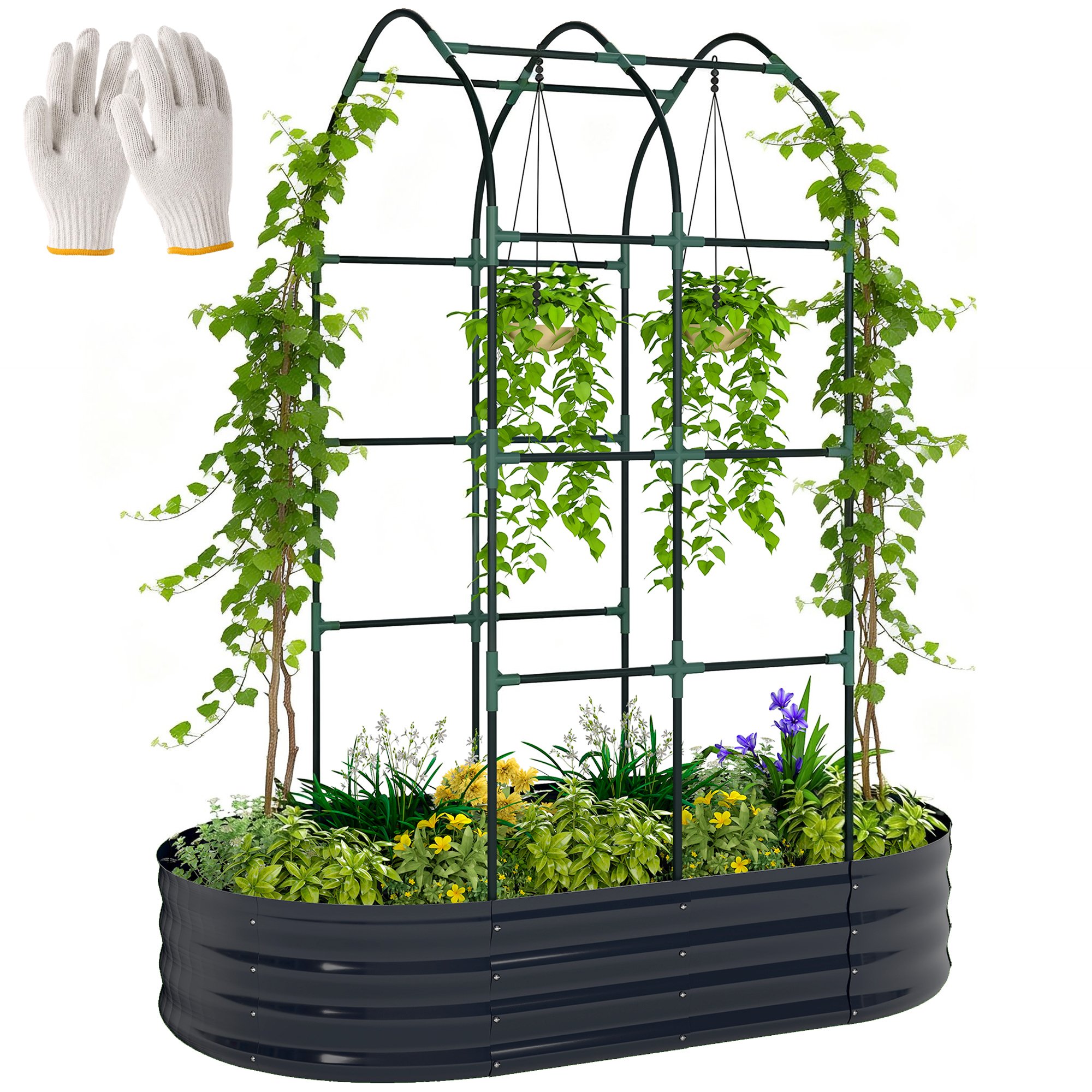 Outsunny Modular Galvanised Raised Garden Bed with Arched Trellis – Dark Grey