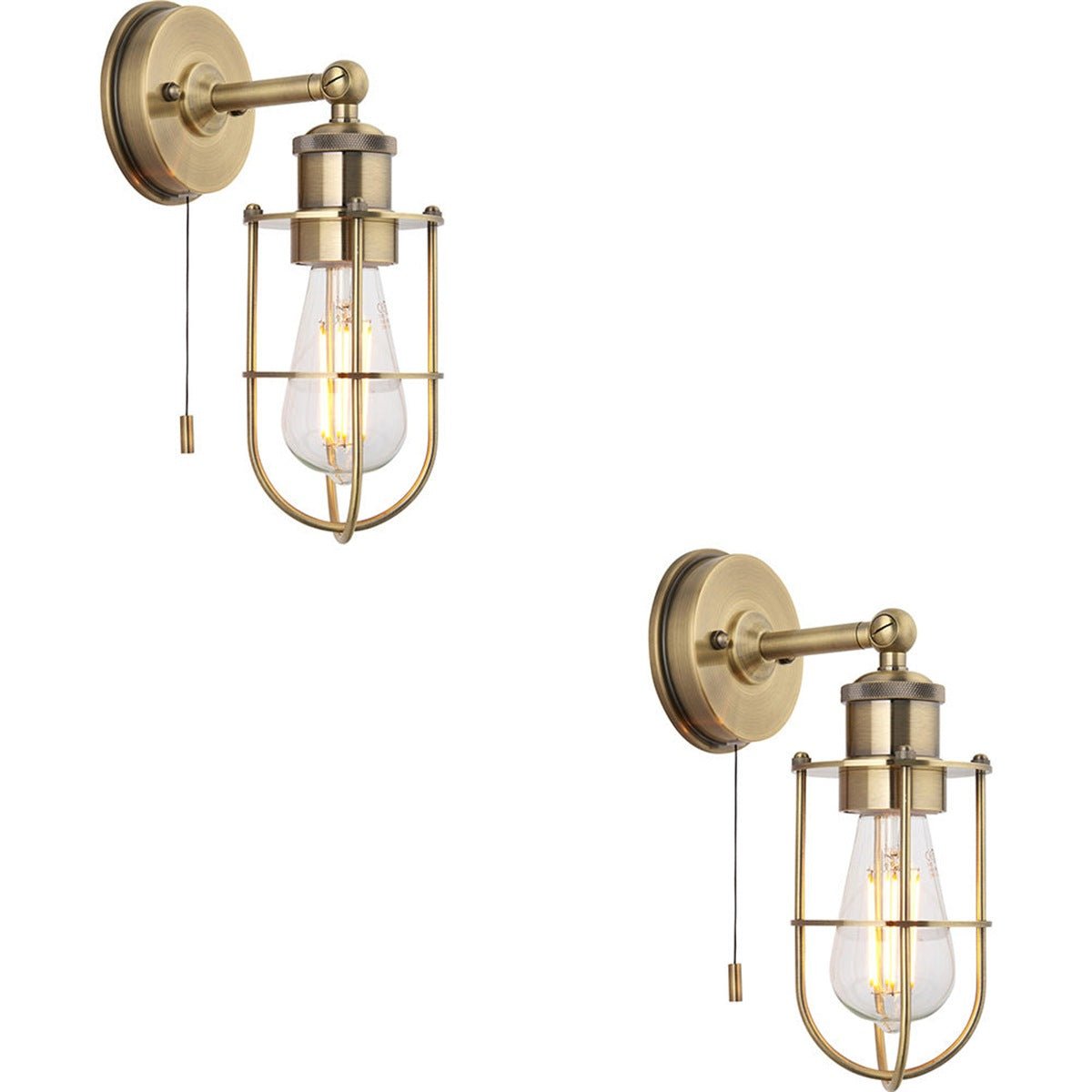 Loops Direct Pack of 2 LED E27 Solid Brass Wall Light - Antique Brass