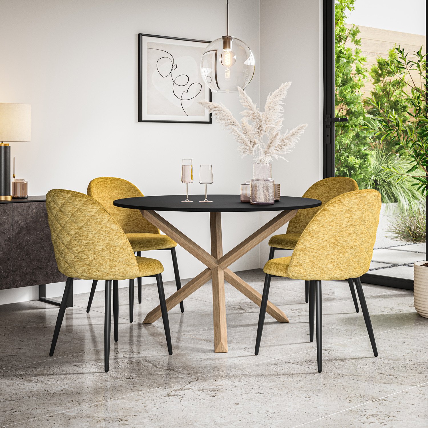 Furniture Online Malvern Round Black Dining Table & 4 Raye Mustard Chairs