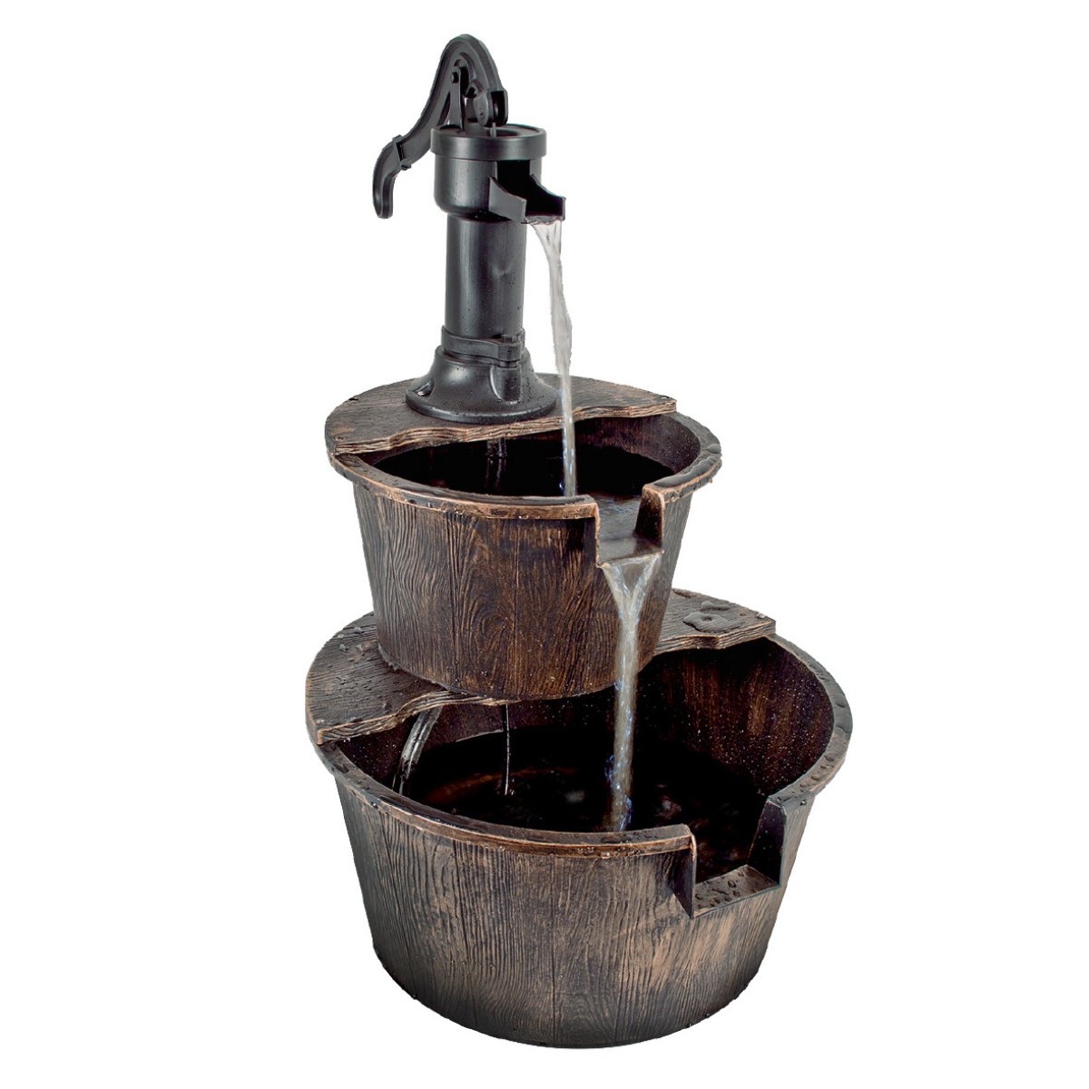 GardenKraft 2 Tier Barrel Fountain - Rustic Gold