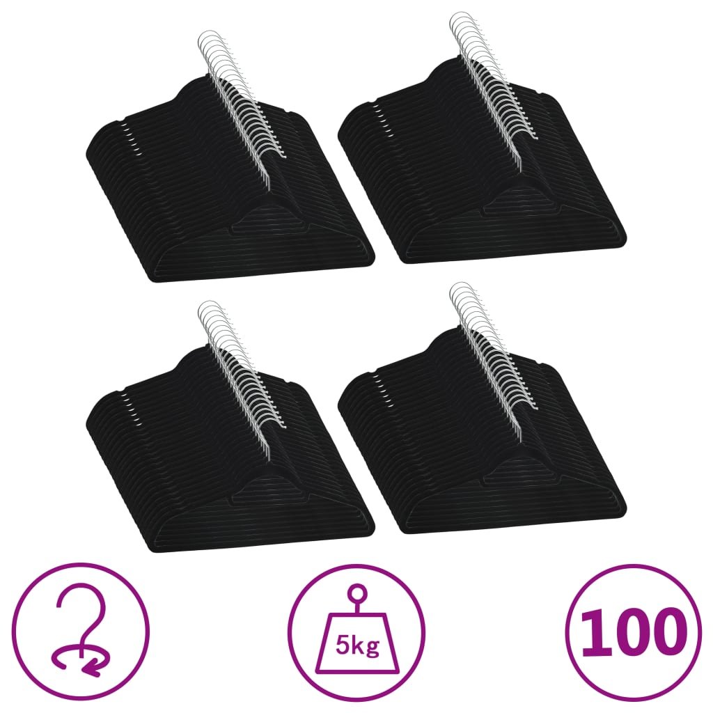 Walplus Pack of 100 Plastic Clothes Hanger Set Anti-slip Velvet - Black