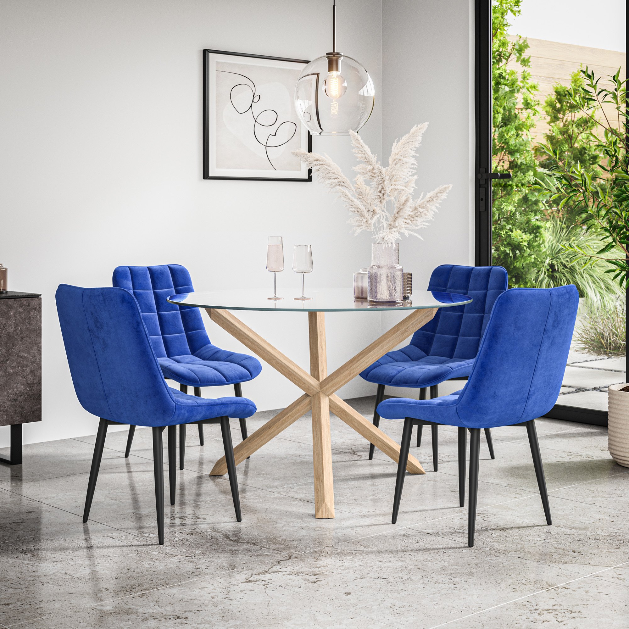 Furniture Online Malvern Nova Glass Top Dining Table & 4 Blue Chairs