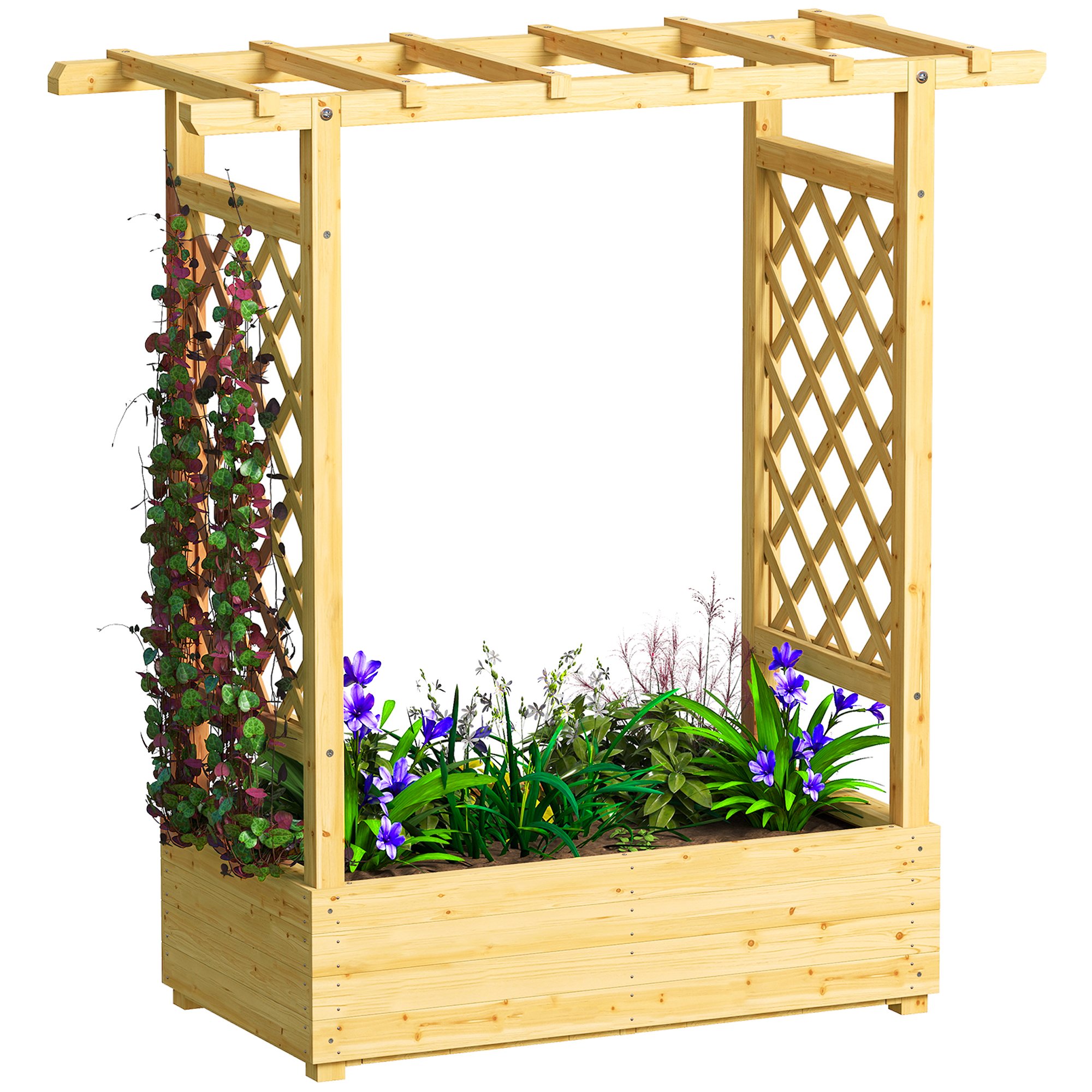 Outsunny Garden Planters with Trellis Wooden Raised Bed - Natural Wood