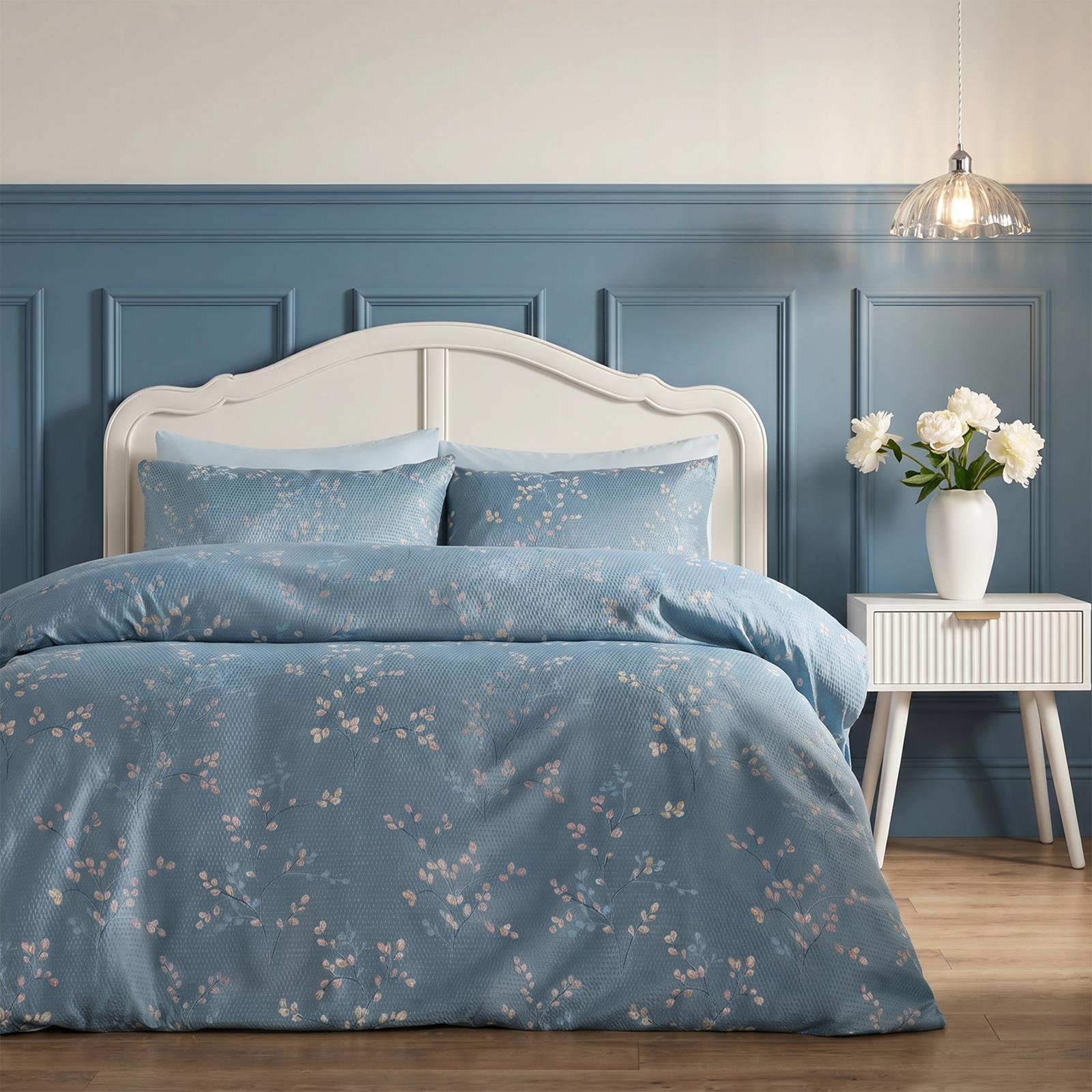 OHS Willow Print Waffle Duvet Cover Set Bedding - Blue - Superking