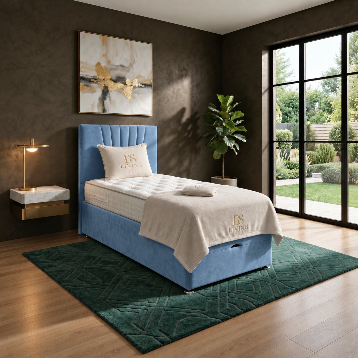 DS Living Vesper Single Velvet Ottoman Bed Frame - Sky Blue