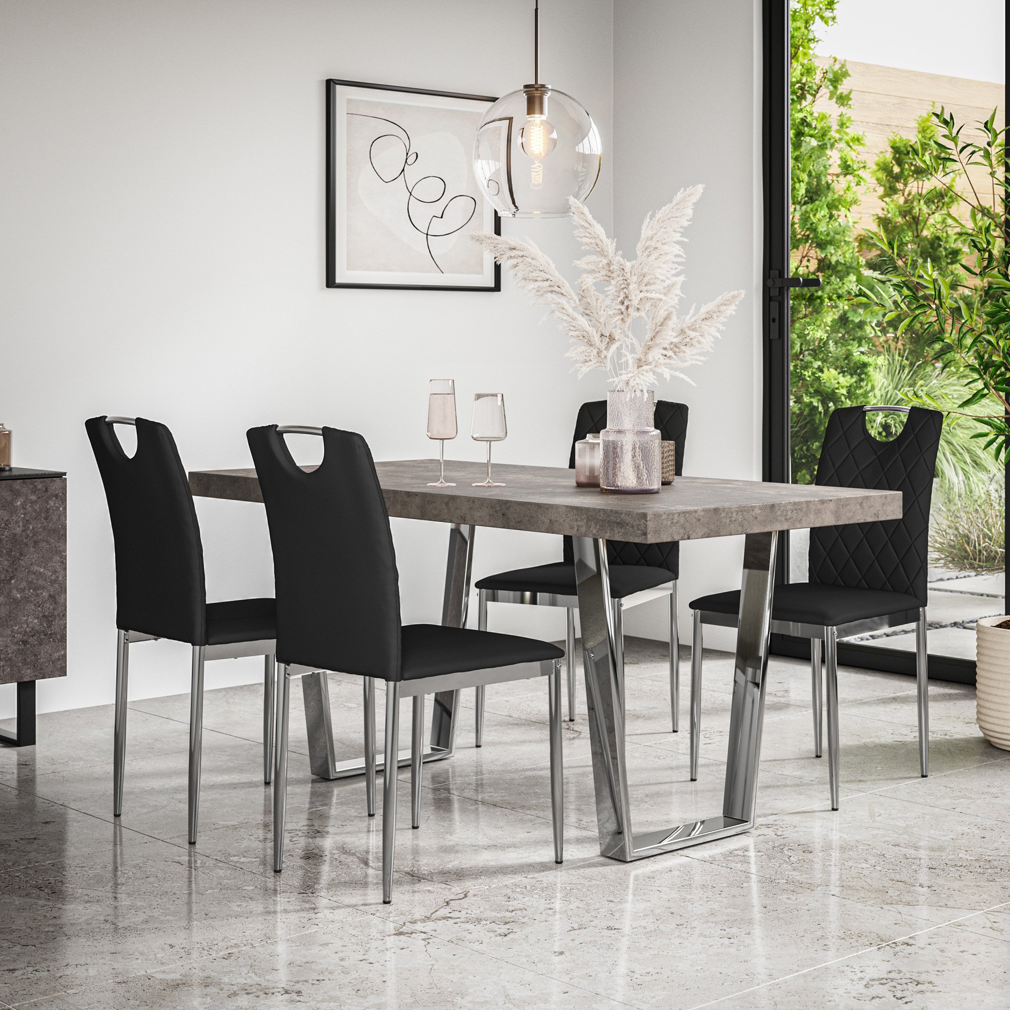 Furniture Online Aria Monza Concrete Effect Dining Table & 4 Black Chairs