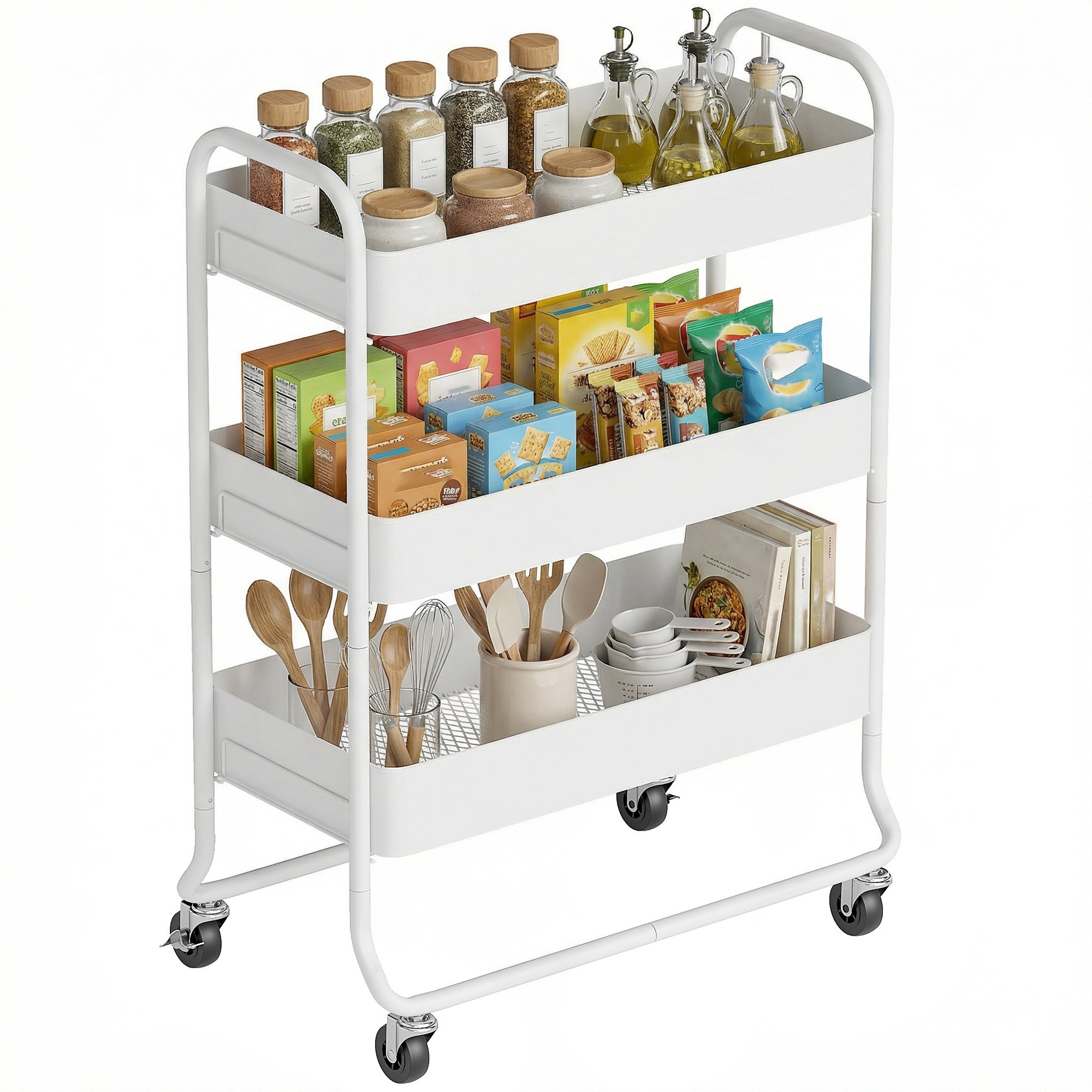 HOMCOM 3 Tier Metal Storage Trolley with Mesh Backets - White