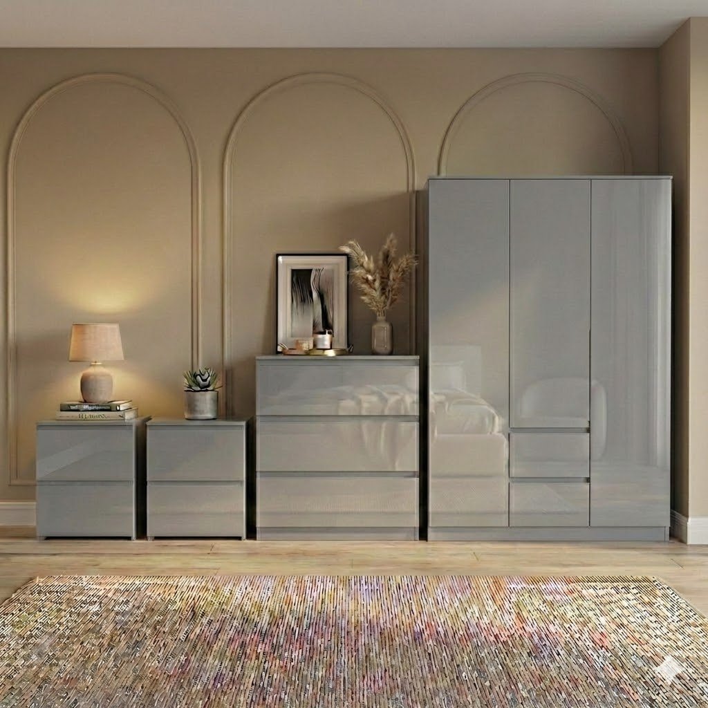 Vida Designs Glinton Bedroom Set (2x Bedsides, 3 Drawer Chest, Wardrobe) - Grey