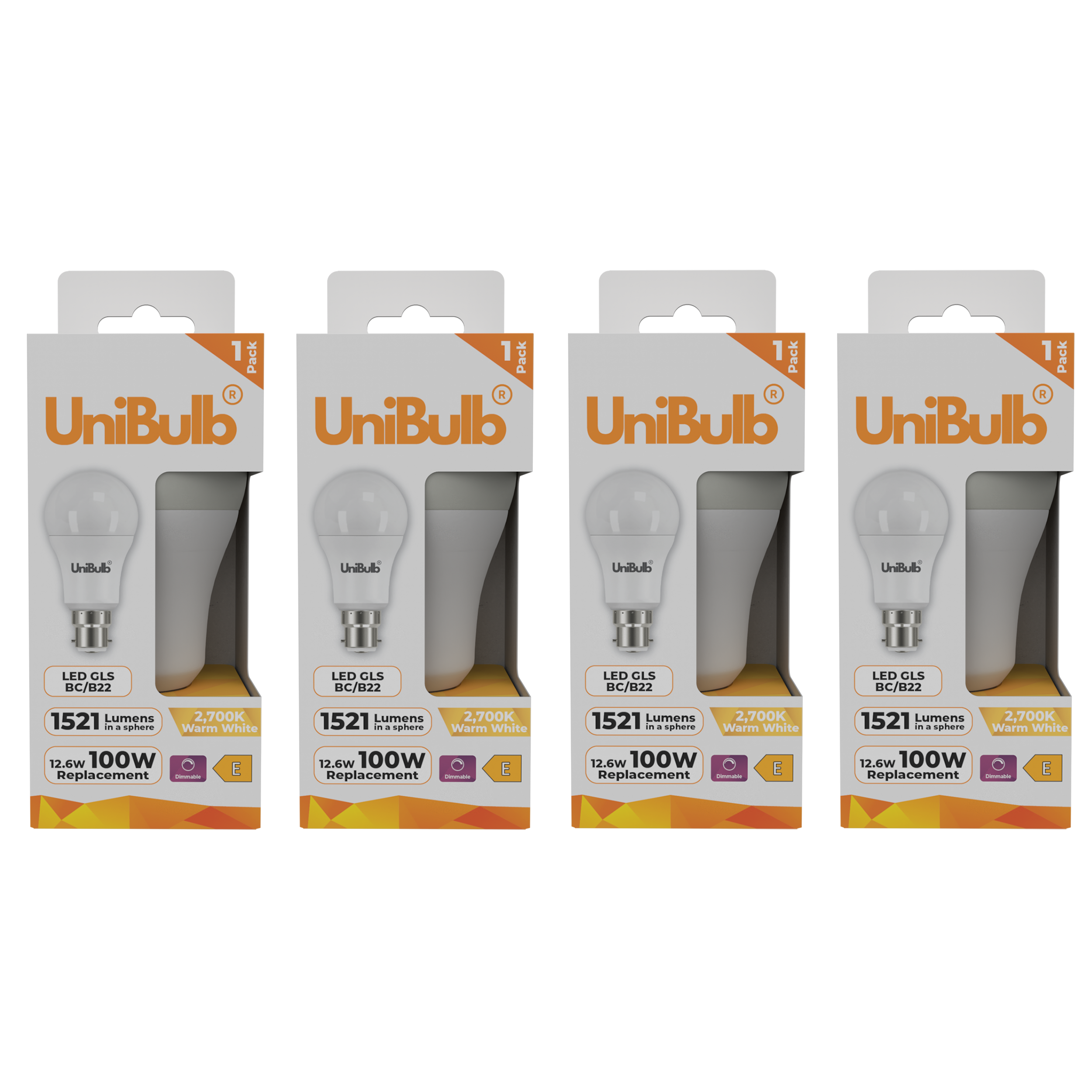 UniBulb 12.6W LED Warm White Dimmable GLS B22 Light Bulb - Pack of 4