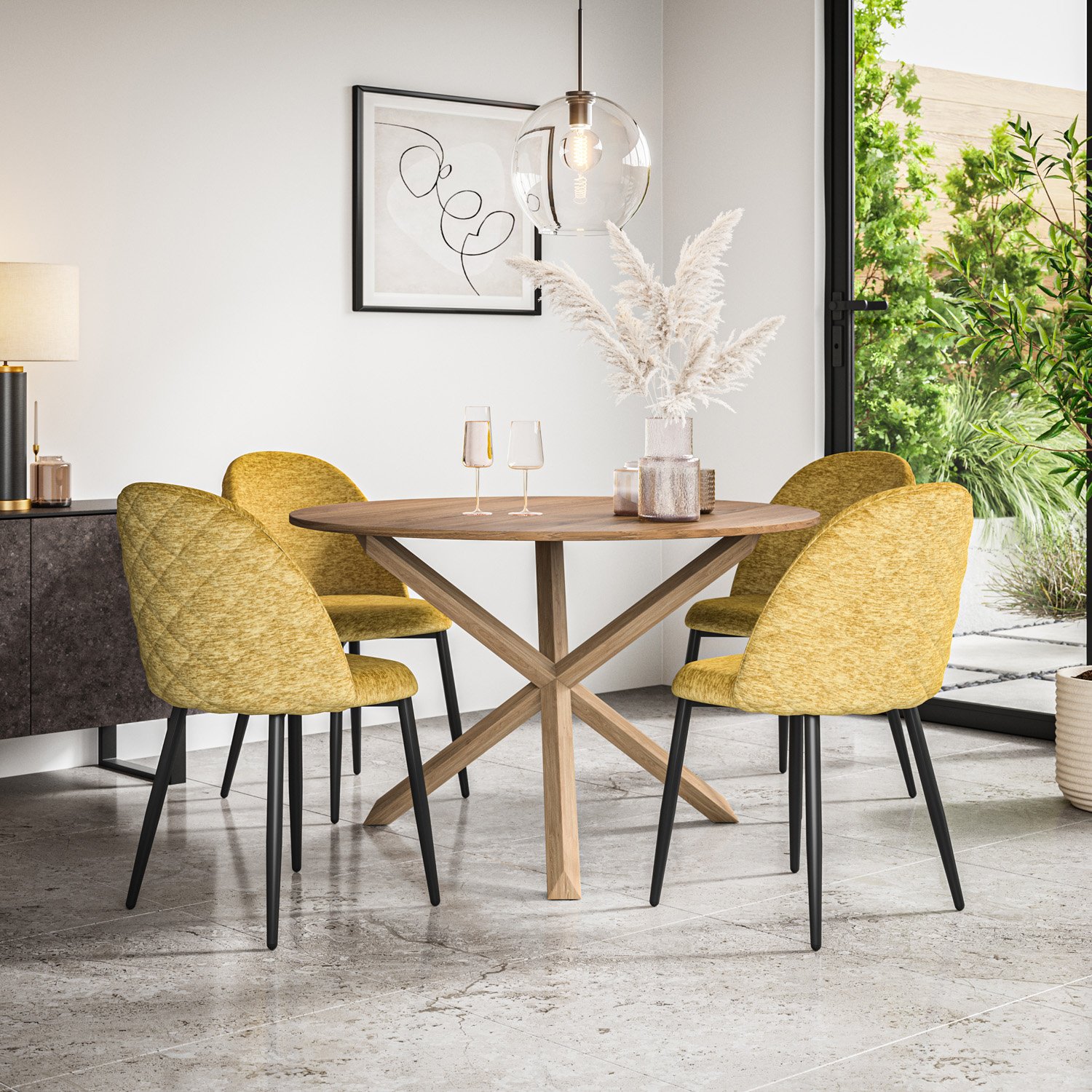 Furniture Online Malvern Round Oak Effect Dining Table & 6 Raye Mustard Chairs