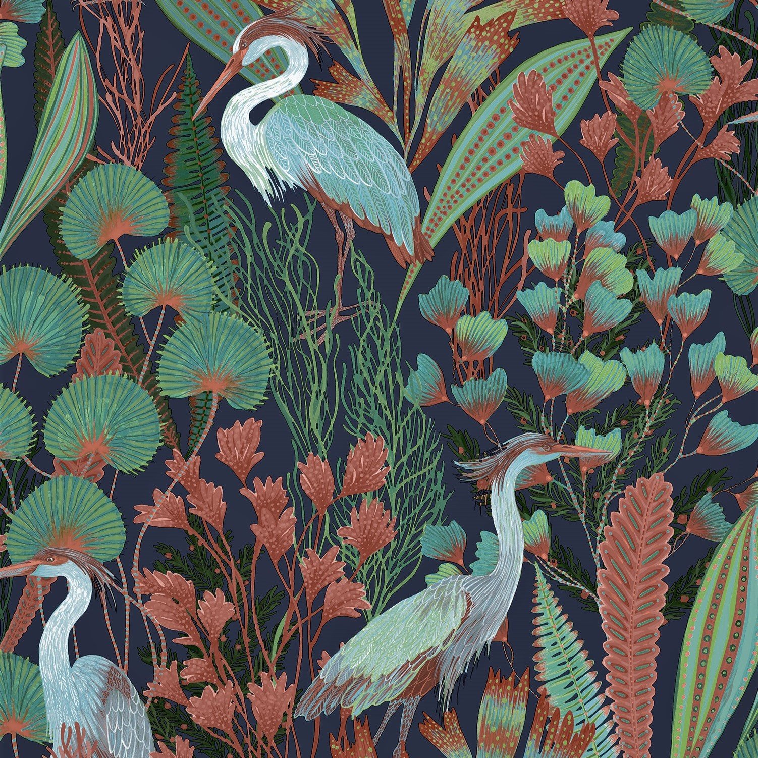 Grandeco Tropical Crane Navy Textured Wallpaper - Navy Green Pink