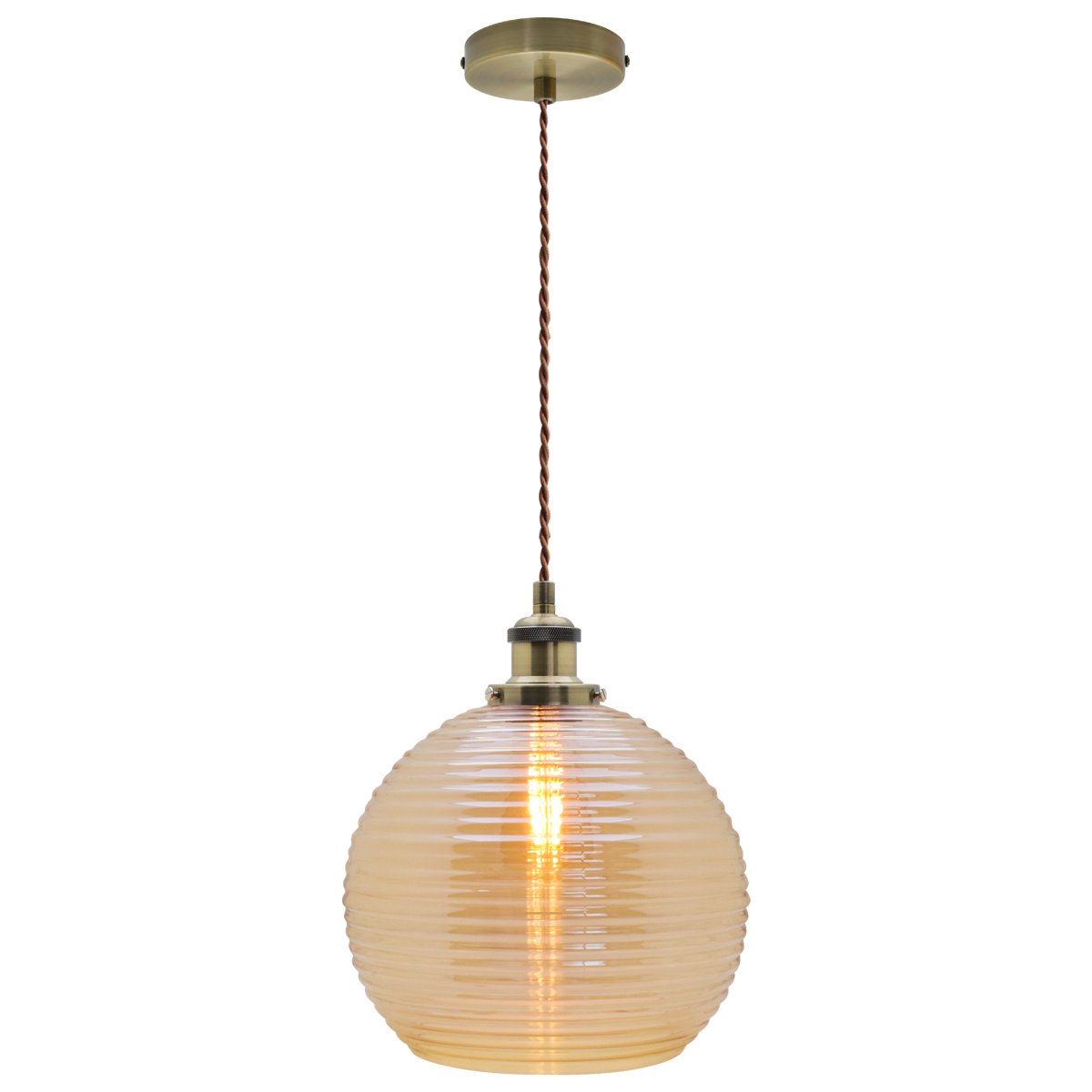 Energy Light Bulbs Smoked Sphere Ribbed Glass Ceiling Pendant Light - Gold