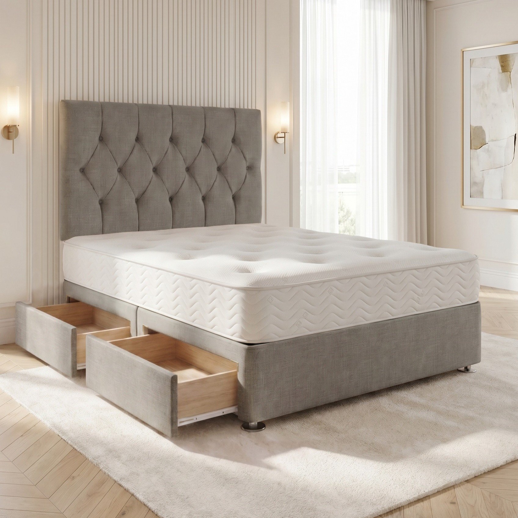 Somnior Chester Linen Small Single 2 Draw Open Coil Divan Bed Set - Silver