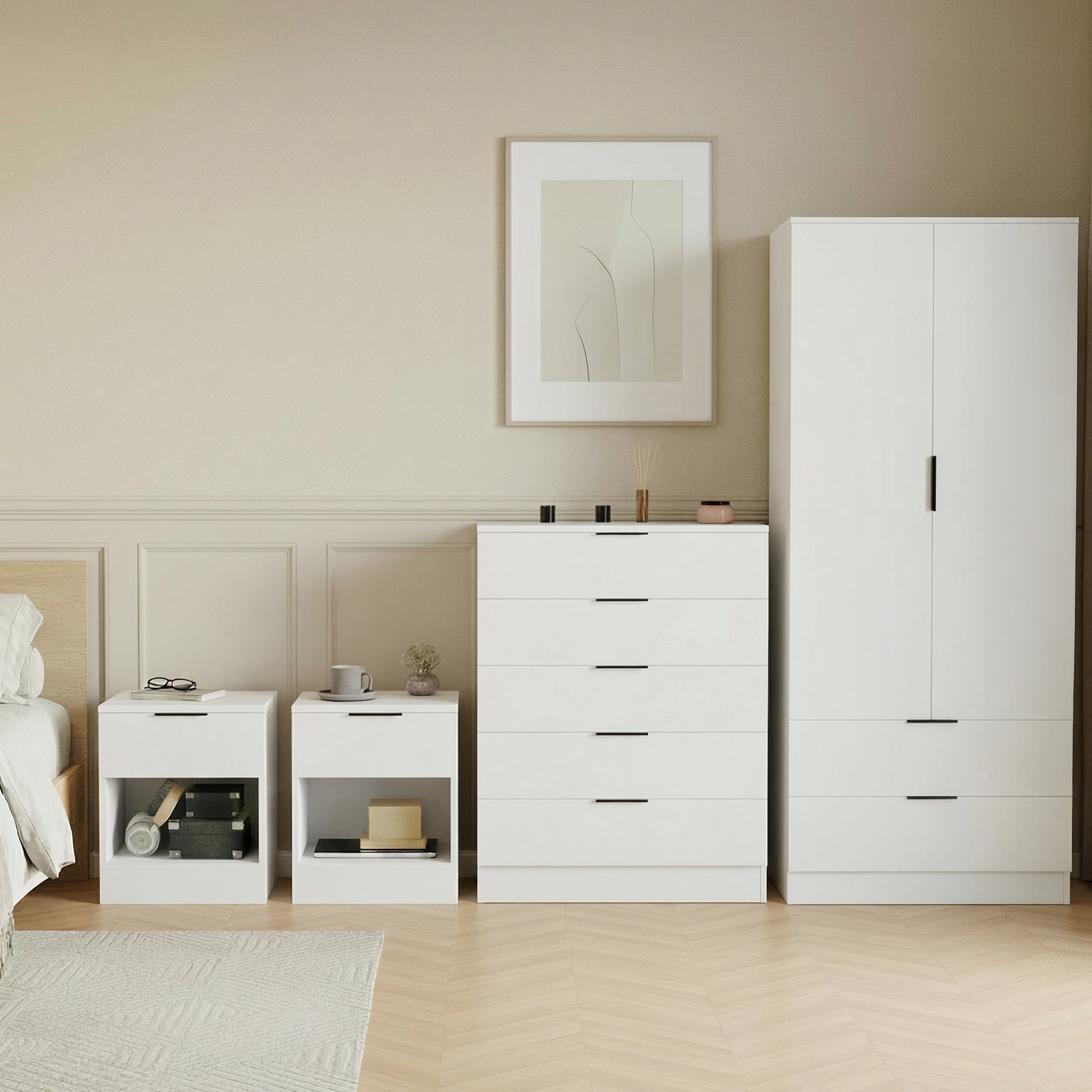 Vida Designs Trega Bedroom Set (Bedsides, 5 Drawer Chest, 2x2 Wardrobe) - White