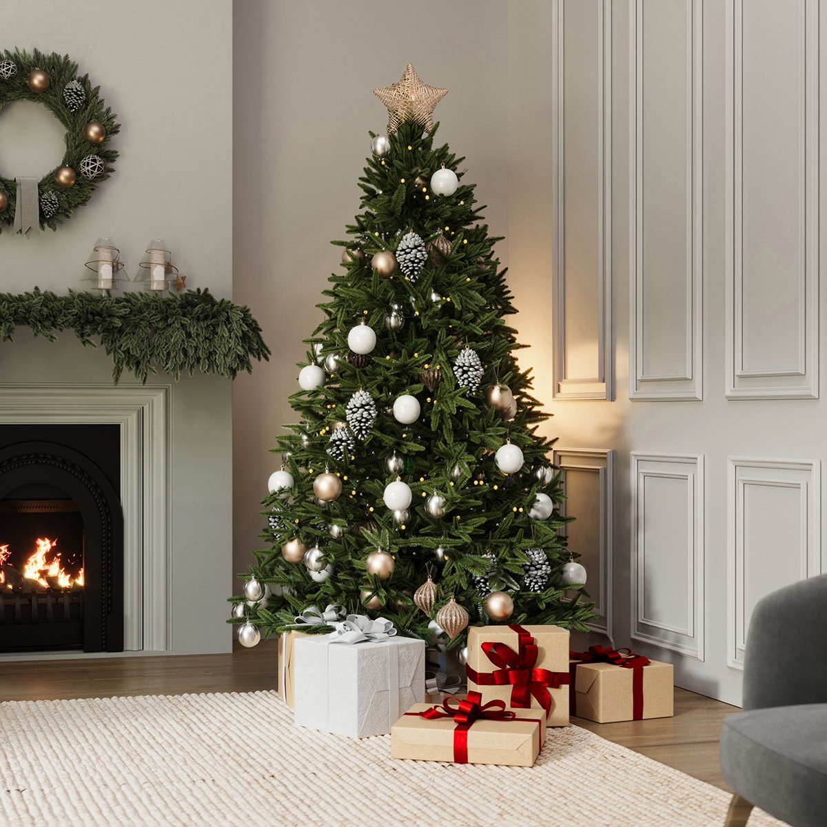 Charles Bentley Luxury 8ft Faux Nordic Spruce Hinged Christmas Tree Artificial