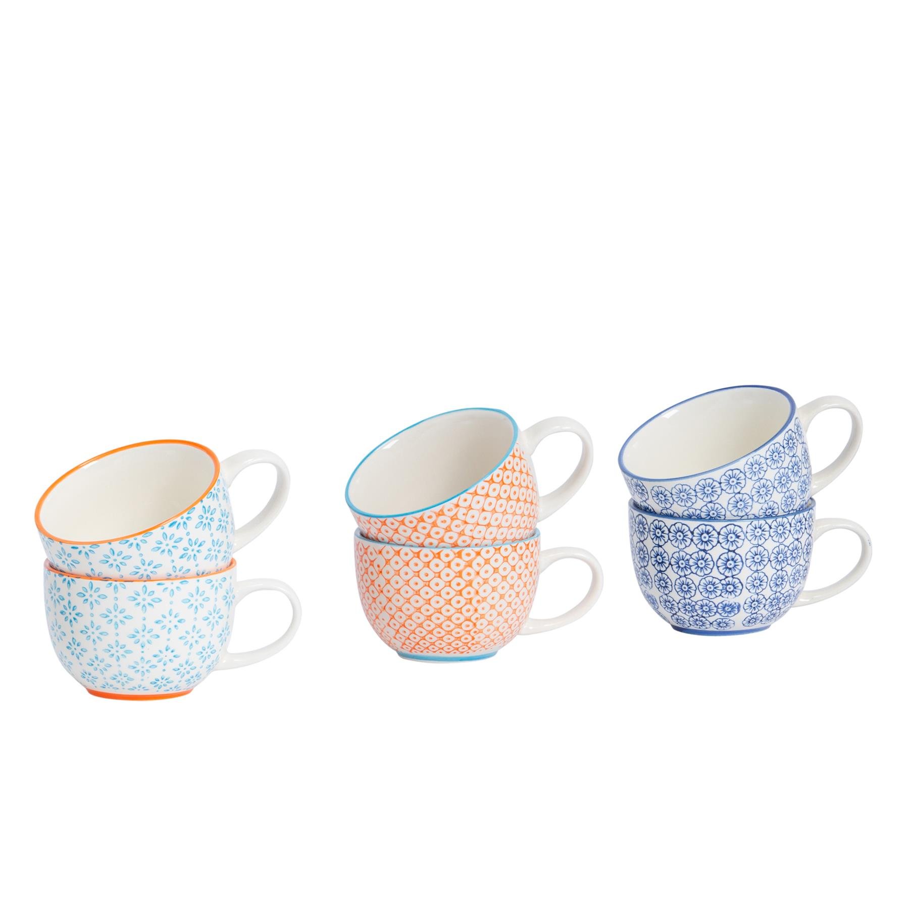 Nicola Spring Hand-Printed Cappuccino Cups - 250ml - 3 Colours - Pack of 6