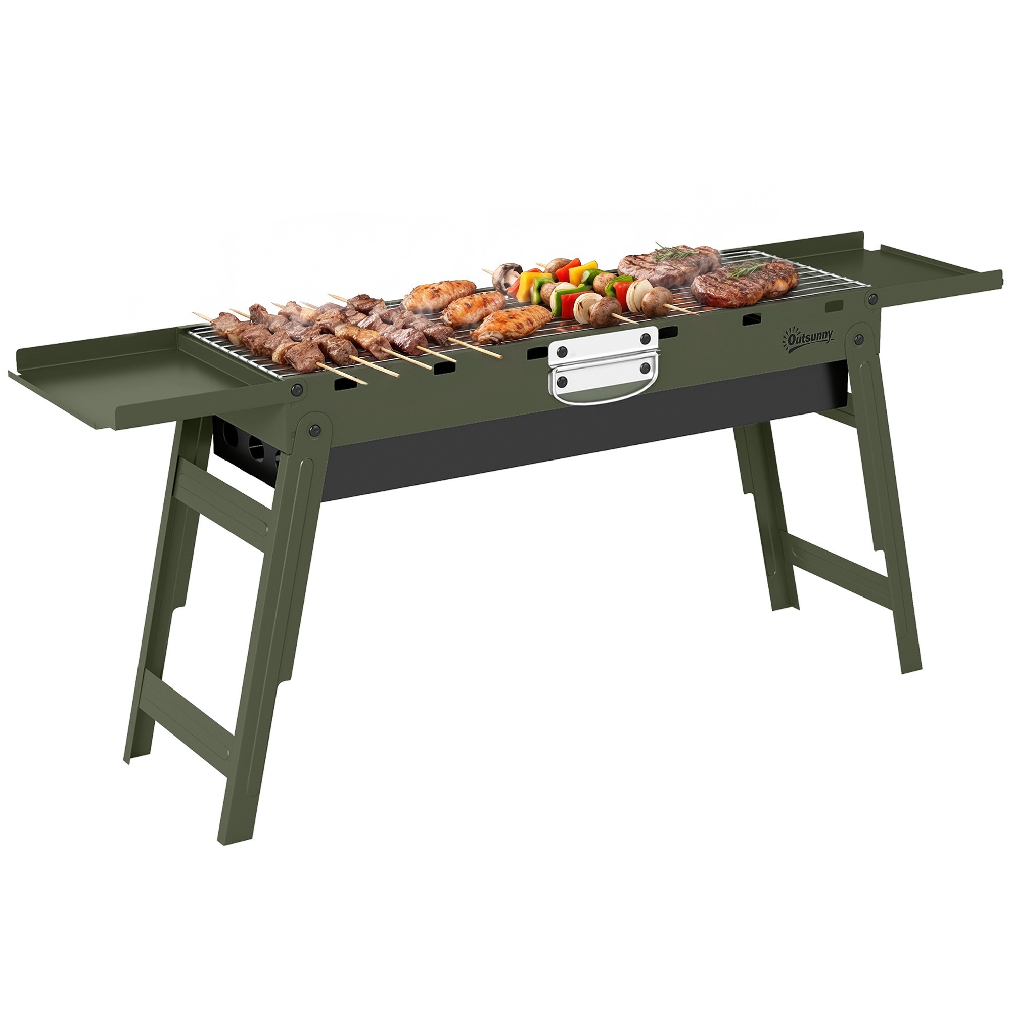 Outsunny Portable Foldable Charcoal Barbecue with 2 Side Shelves – Green