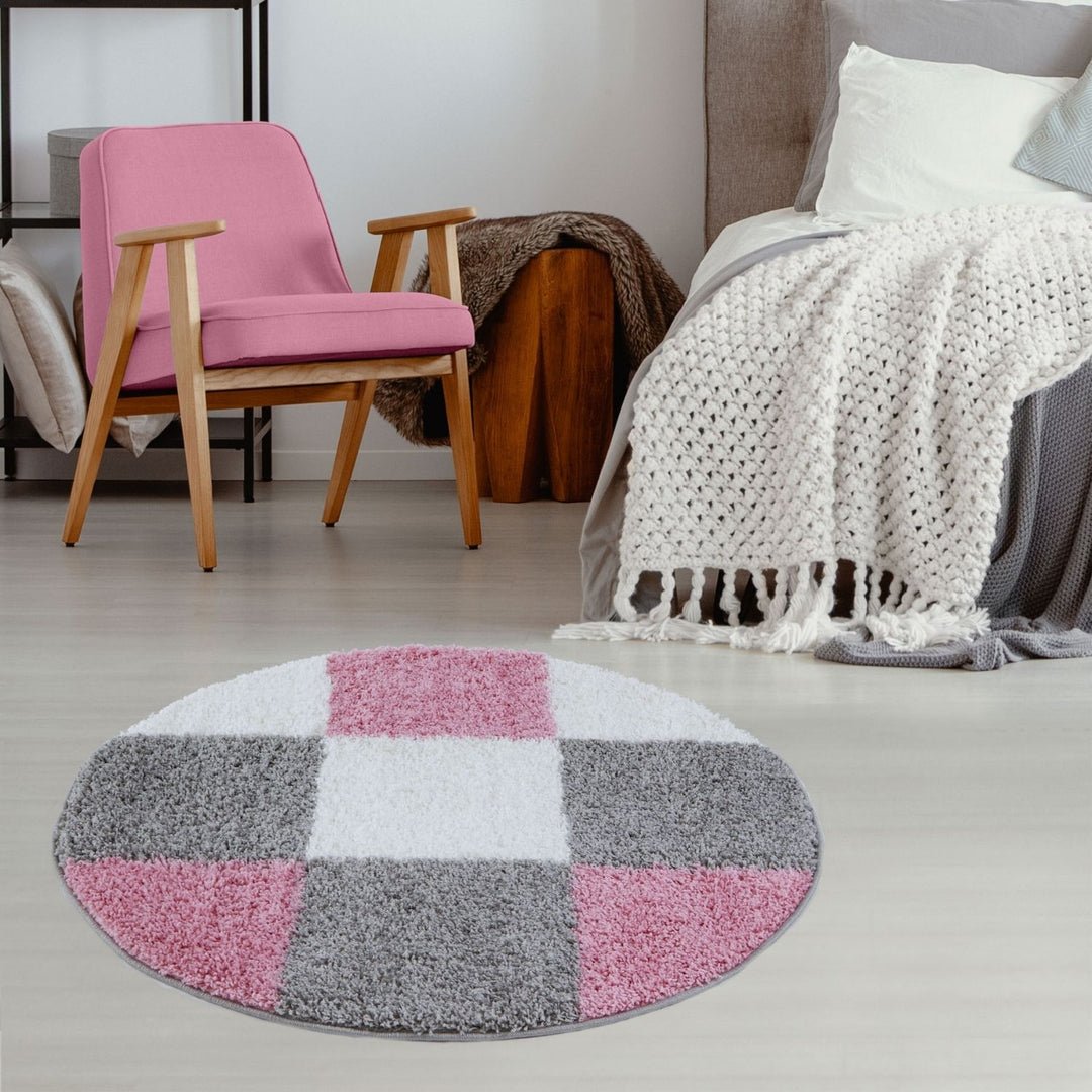 The Rugs Pink Myshaggy Checkered Round Shaggy Rug - 120cm