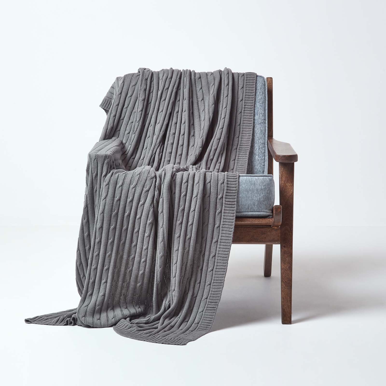 Homescapes Cotton Cable Knit Throw - 150 x 200 cm - Grey