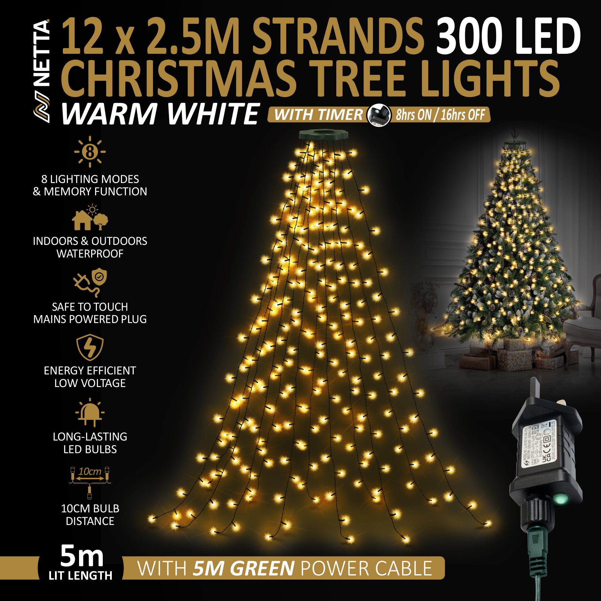 NETTA 2.5m 300 LED Christmas Tree Fairy String Lights - Warm White