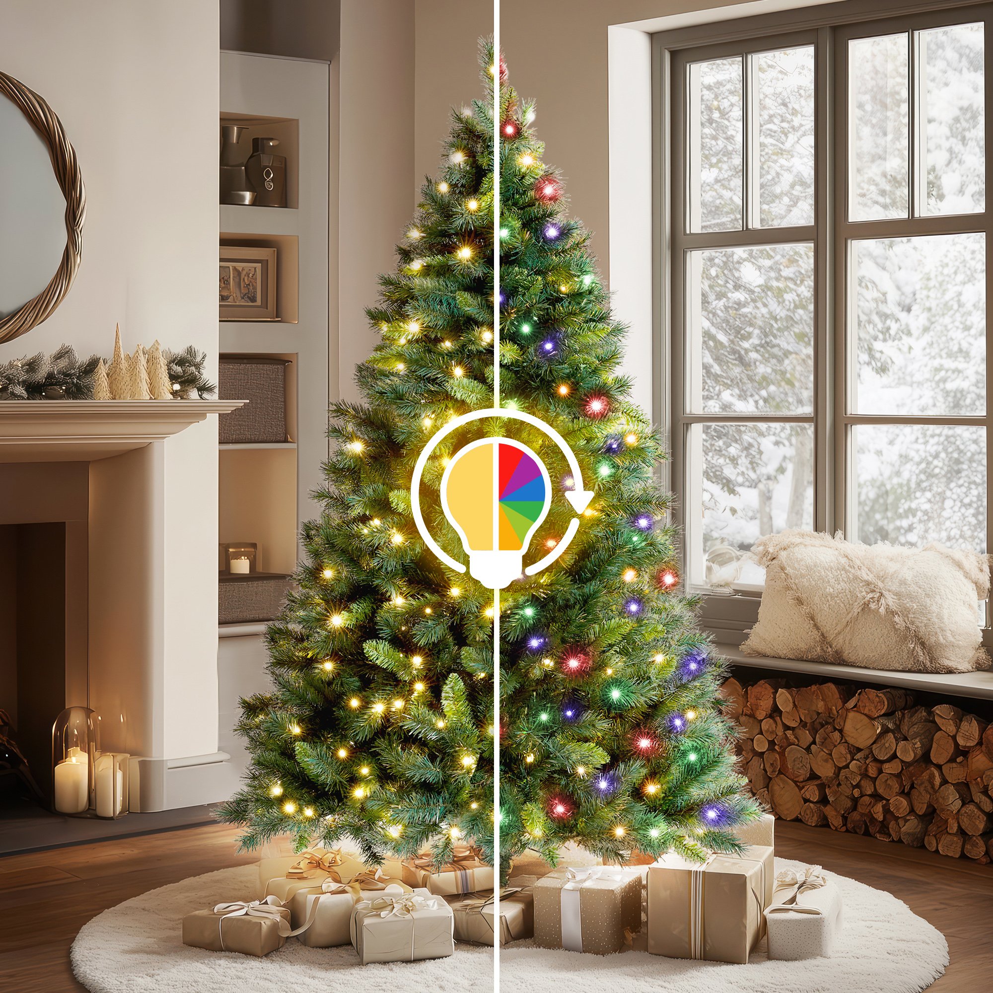 VeryMerry Snowhill 2-in-1 Pre-Lit Christmas Tree with Dual Colour LEDs - 7FT