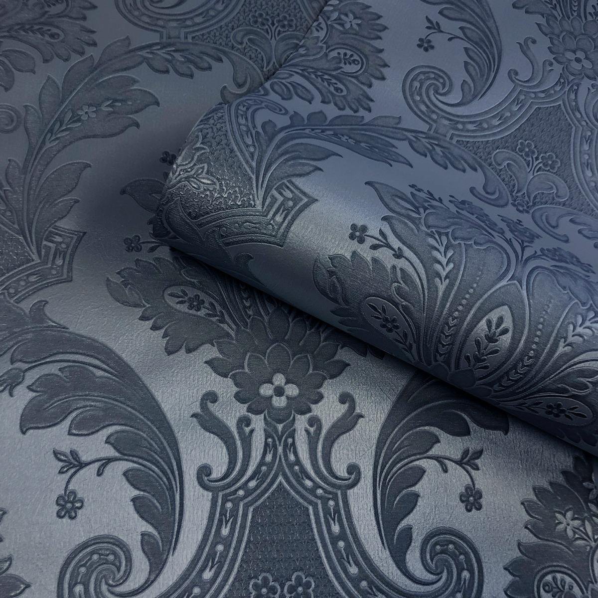 Belgravia Amara Damask Textured Wallpaper - Dark Blue