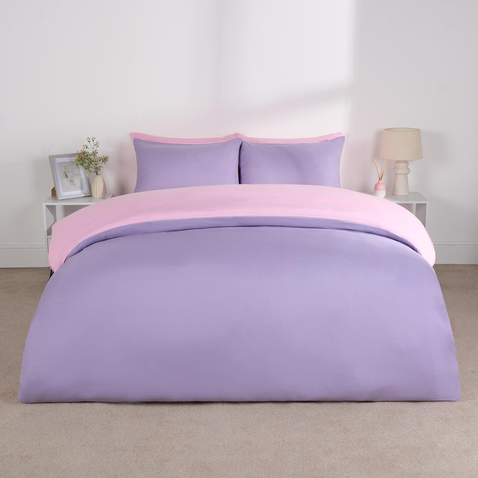 OHS Plain Dyed Reversible Duvet Cover Set Lilac/Pink - Double