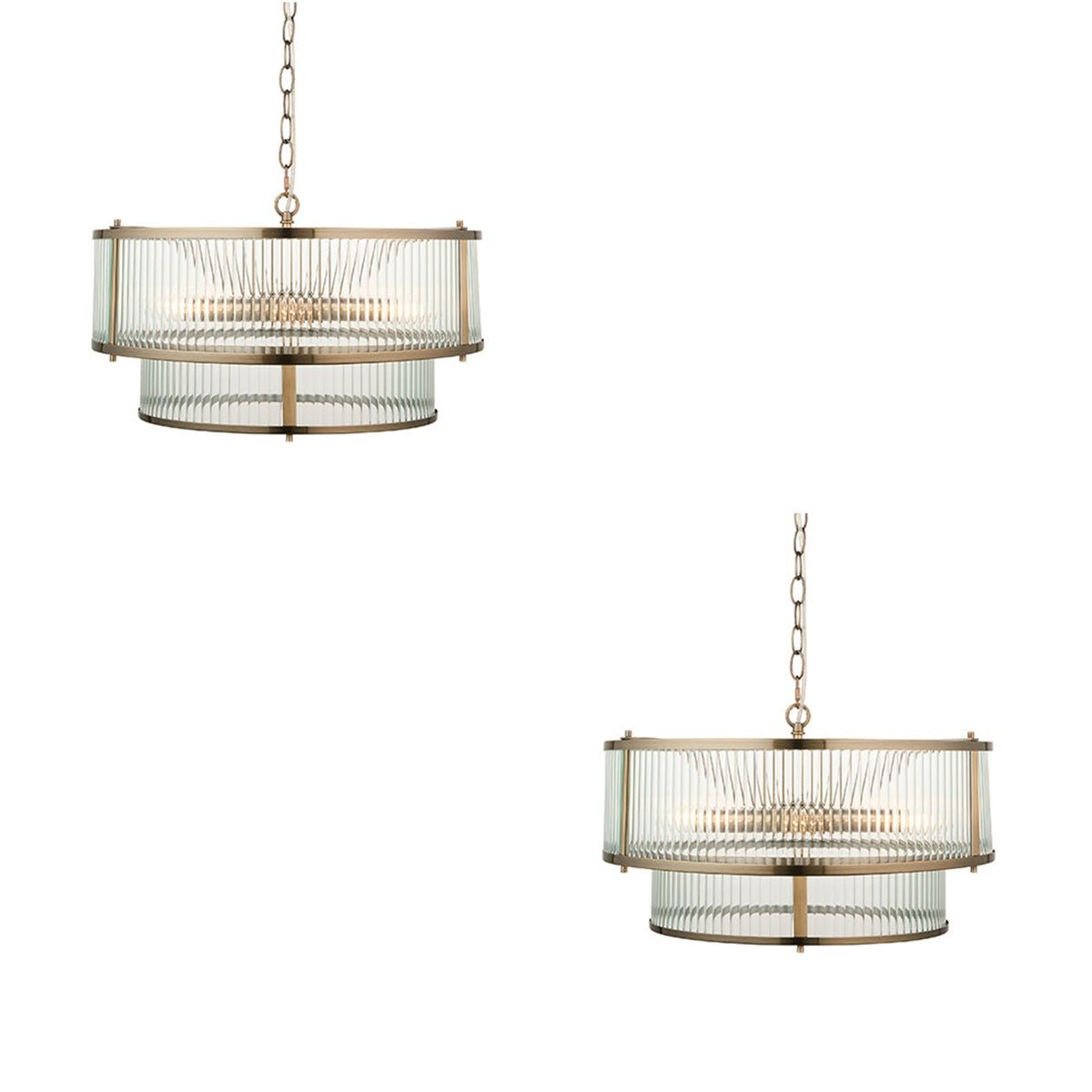 Loops Direct Set of 2 Antique Brass Pendant Light - Clear Ribbed Glass