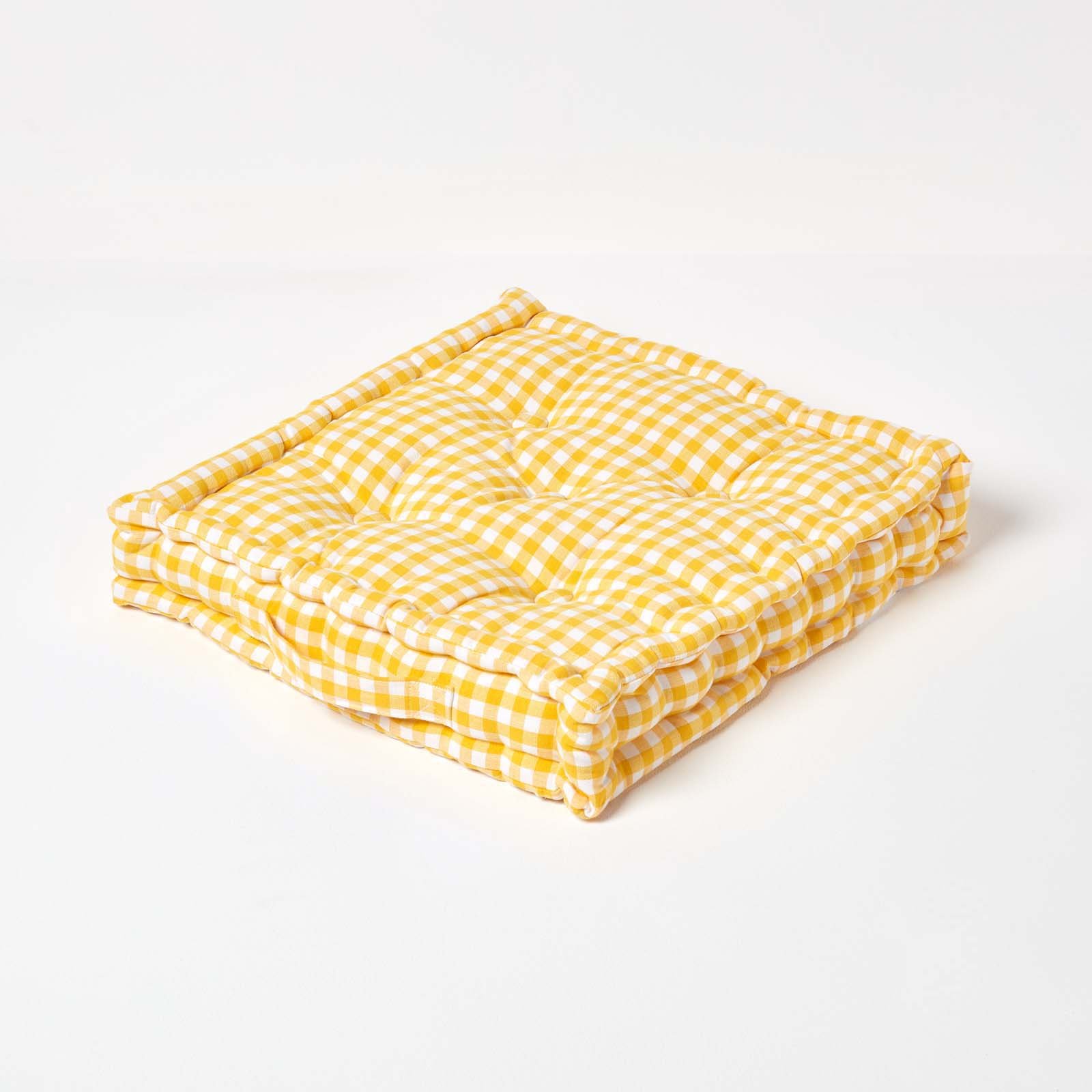 Homescapes Gingham Check Cotton Floor Cushion - 40 x 40 cm - Yellow