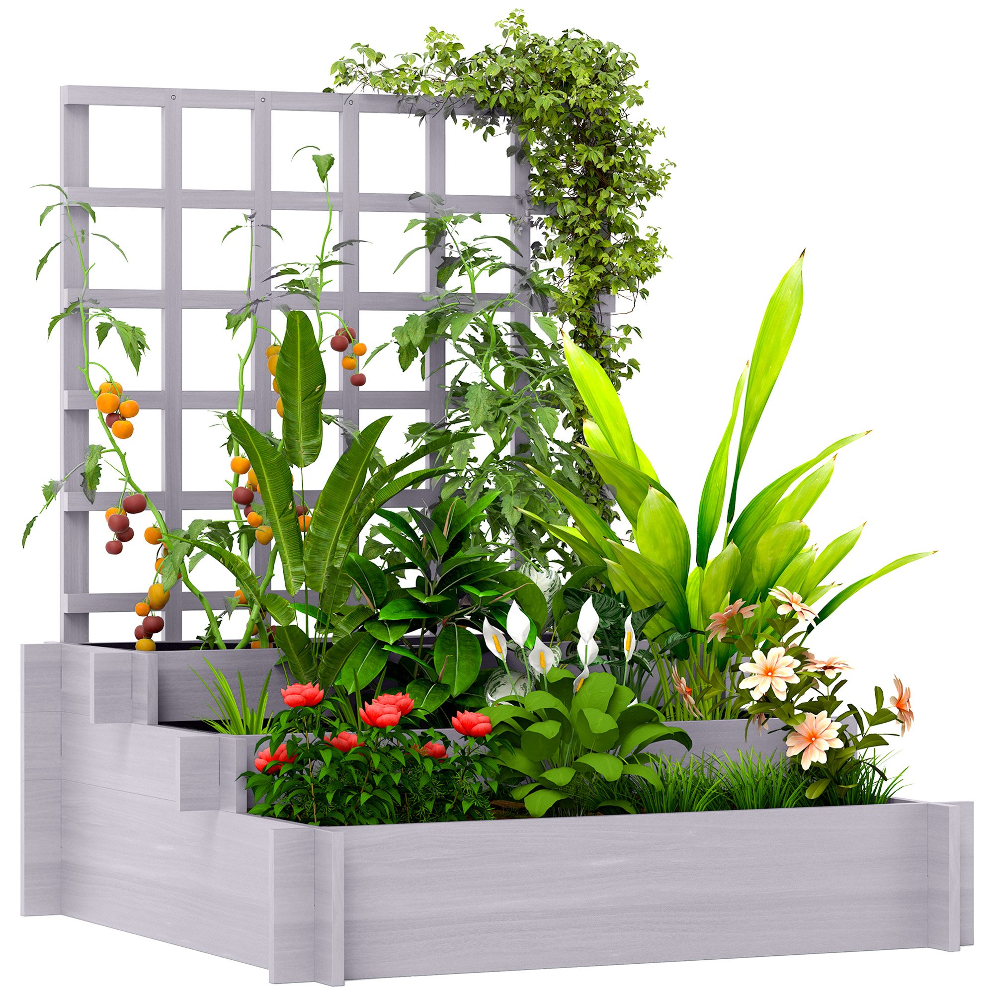 Outsunny Tiered Wooden Raised Garden Bed with Trellis – Grey