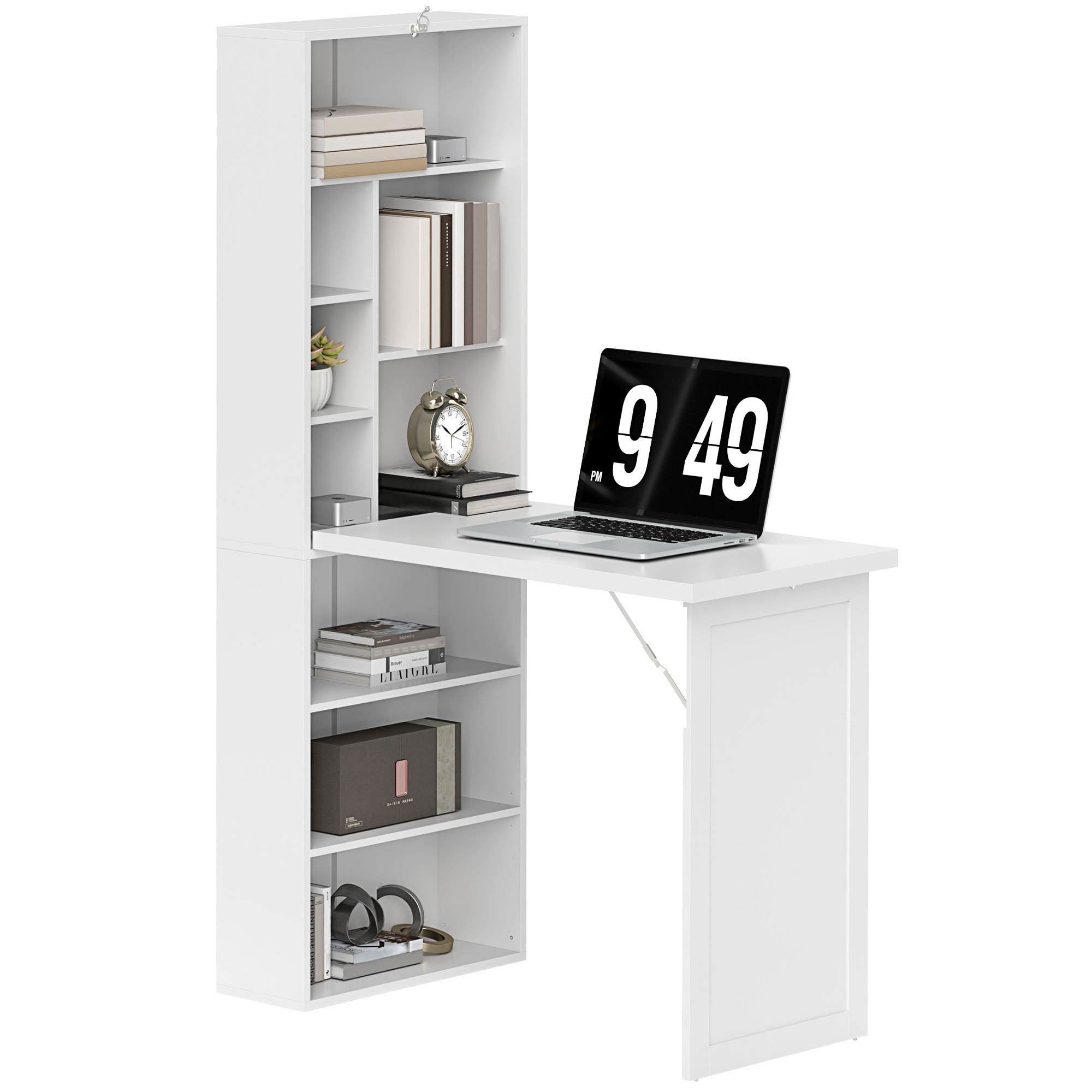 HOMCOM Folding Computer Desk with Bookshelf - All White