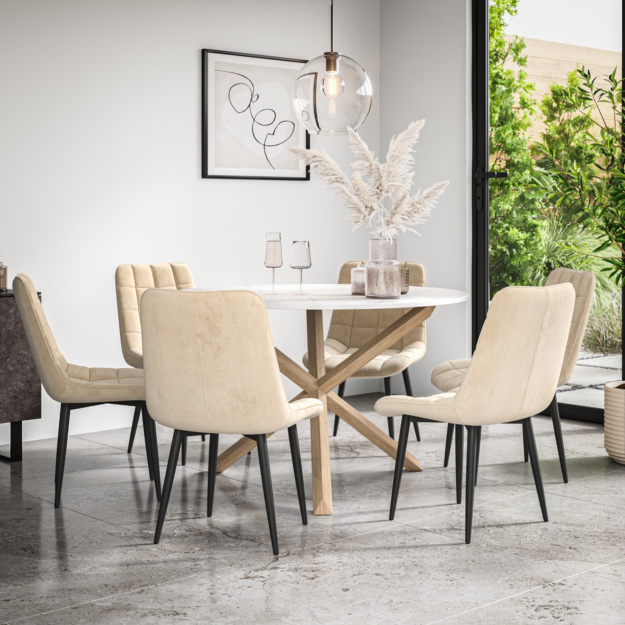 Furniture Online Malvern Nova Marble Top Dining Table & 6 Beige Chairs