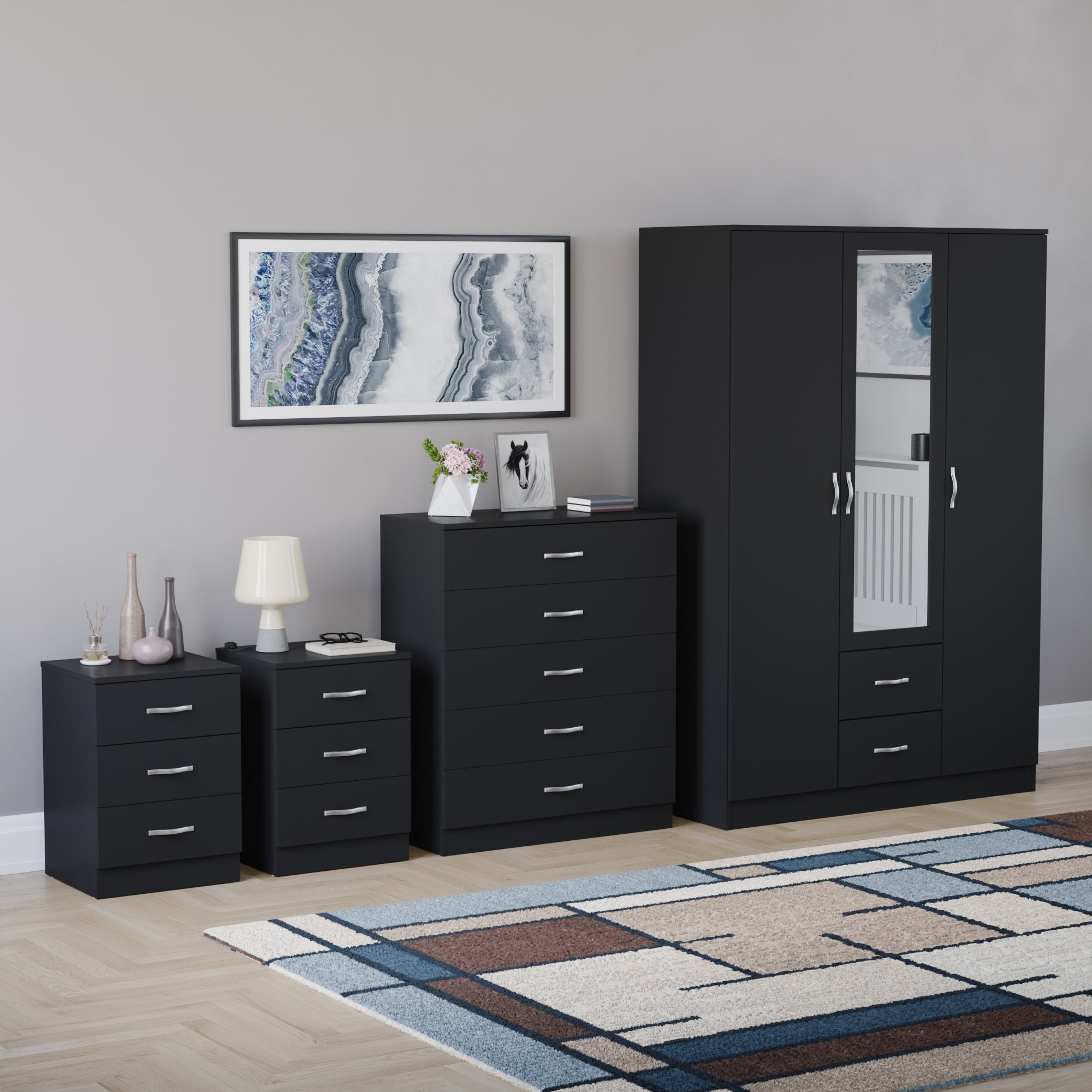 Vida Designs Riano Bedroom Set (Bedsides, 5 Drawer Chest, Mirror Wardrobe)-Black