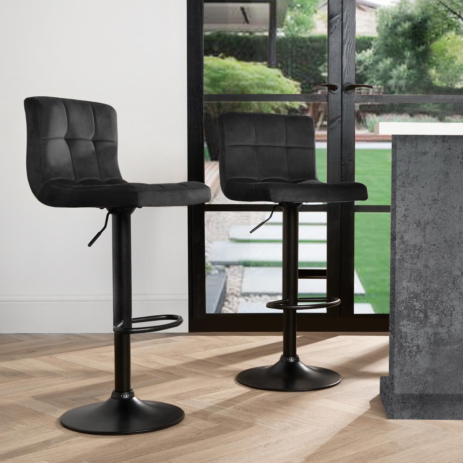 OHS Set of 2 Adjustable Velvet Bar Stools - Black