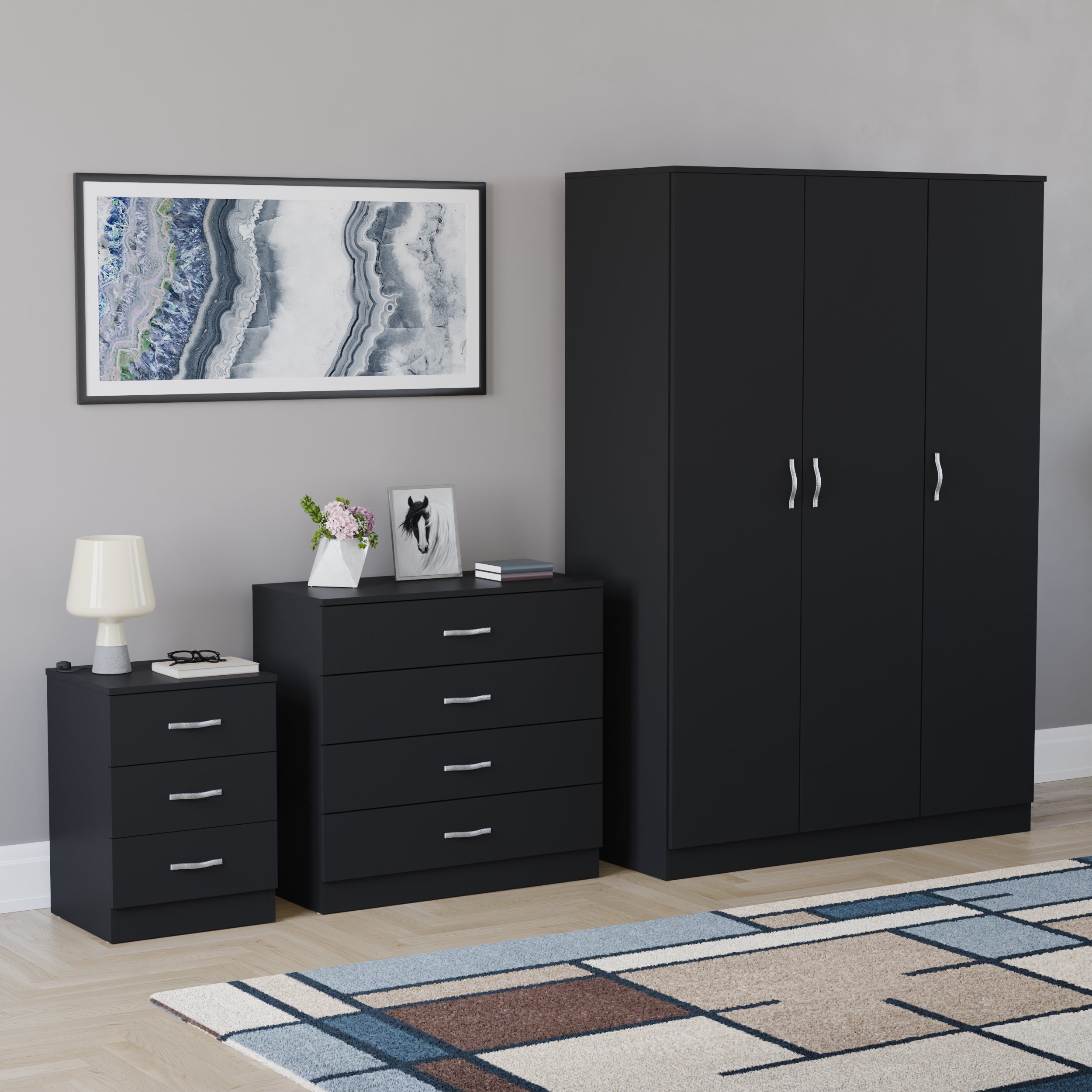 Vida Designs Riano Bedroom Set (Bedside, 4 Drawer Chest, 3 Door Wardrobe)- Black