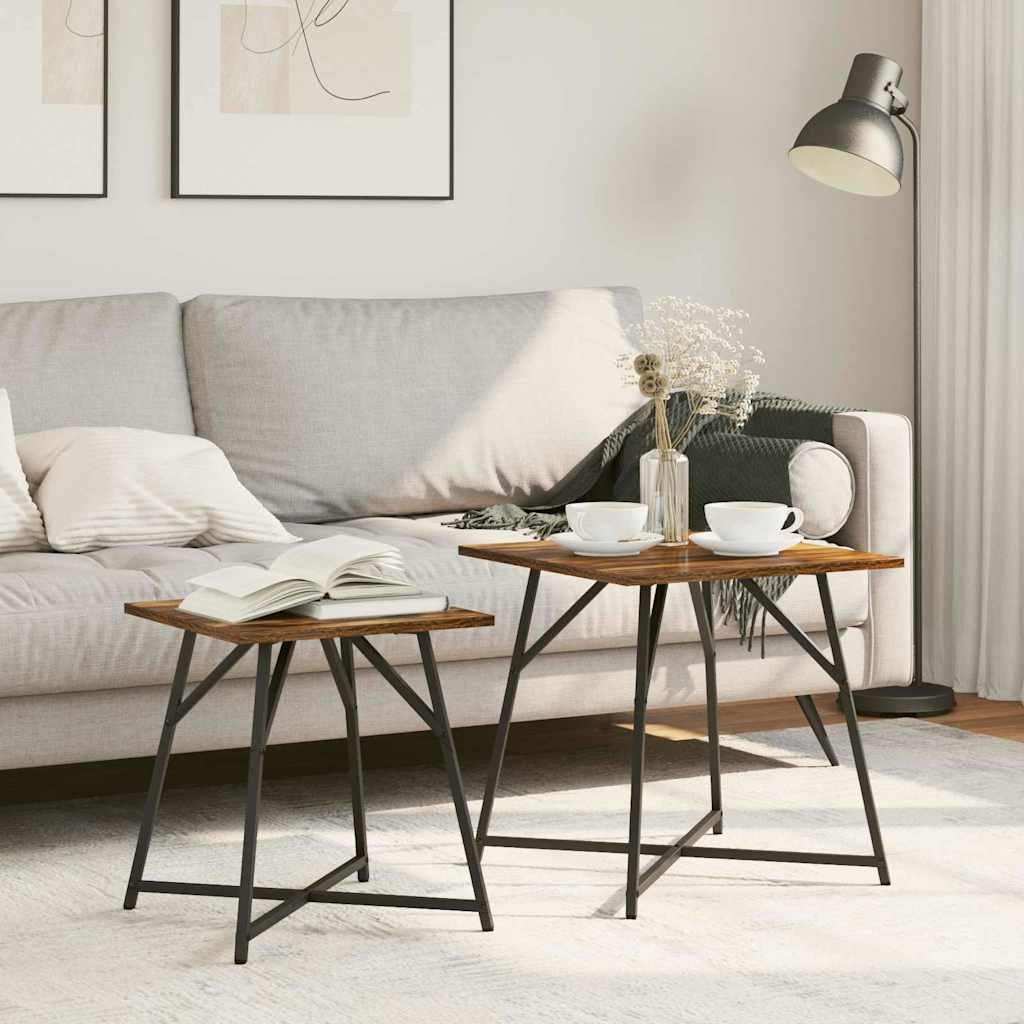 Walplus Pack of 2 Metal End Table - Smoked Oak - 50 x 50 x 50 cm