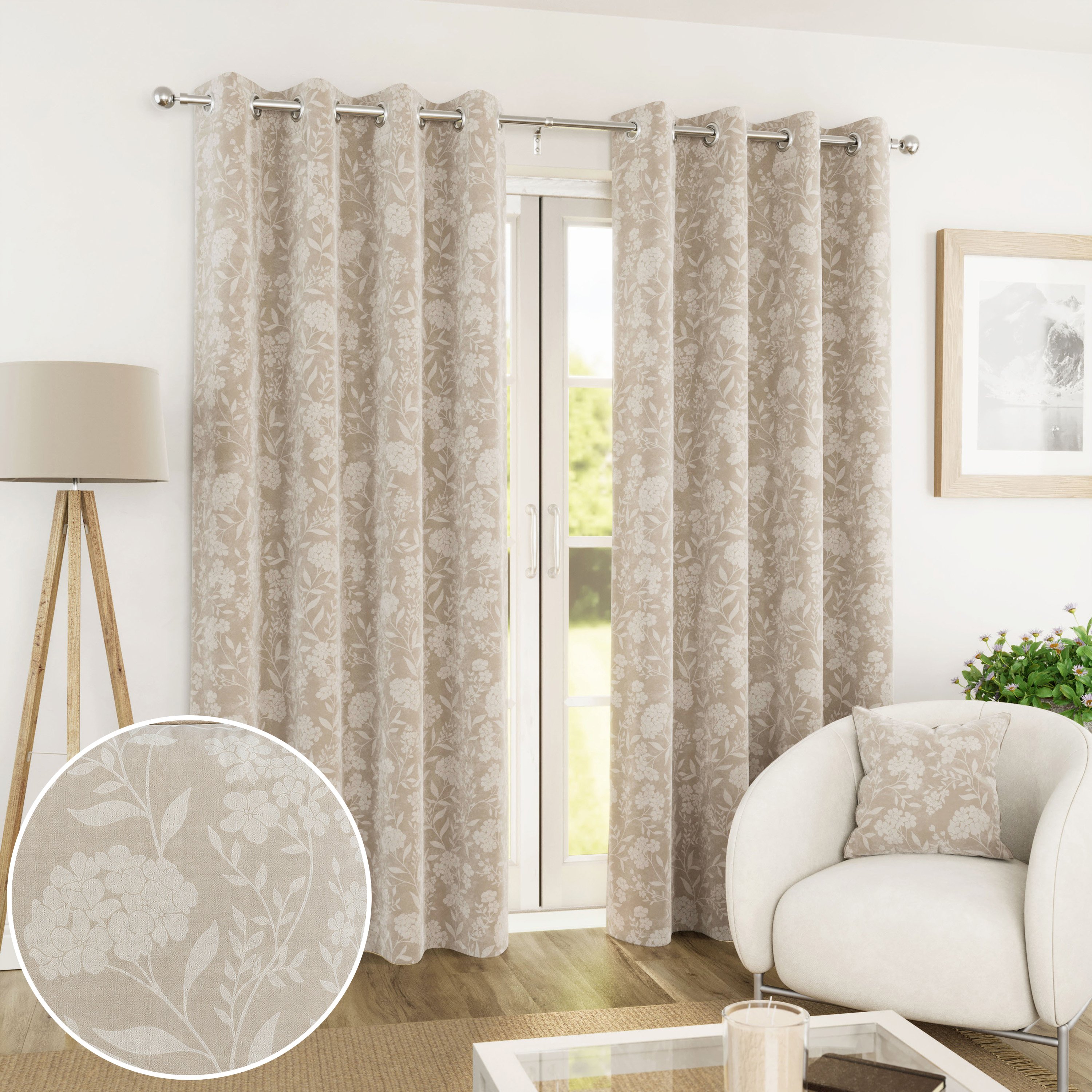 Enhanced Living Cuba Floral Blackout Eyelet Curtains - 168 x 229cm - Cream