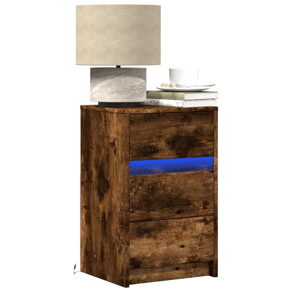 Walplus LED Engineered Wood Bedside Cabinet - Smoked Oak - 38 x 34 x 61 cm