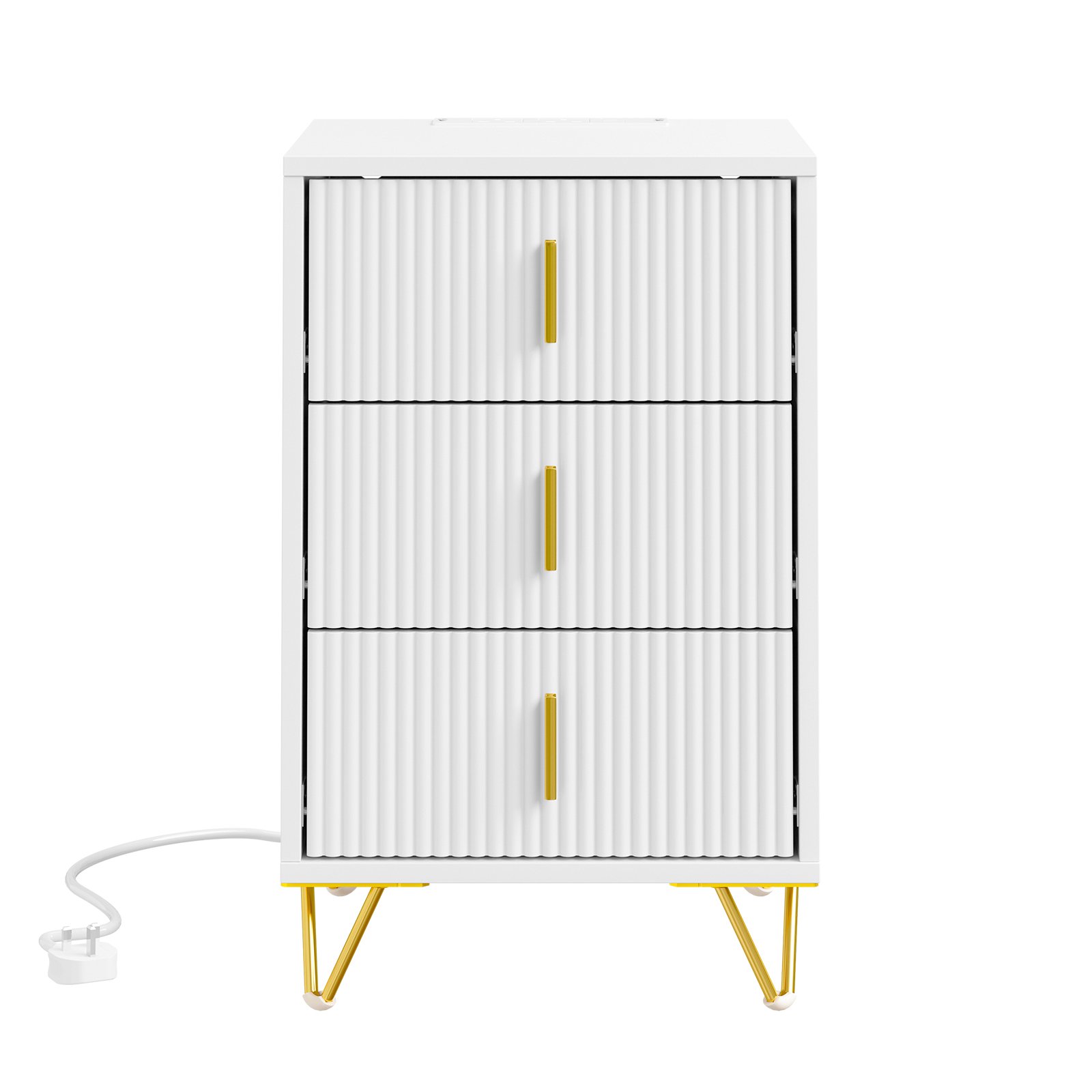 SoBuy 3 Drawer Slim Bedside Table with Gold Metal Legs - White