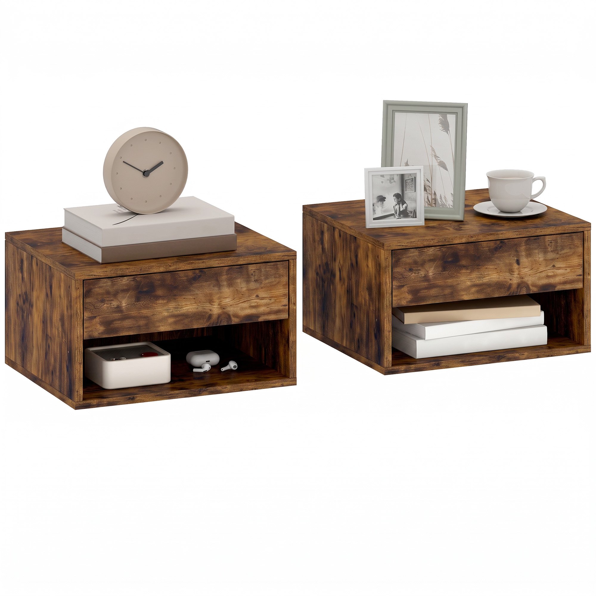 HOMCOM Set of 2 Floating Bedside Tables with Drawer and Shelf - Rustic Brown