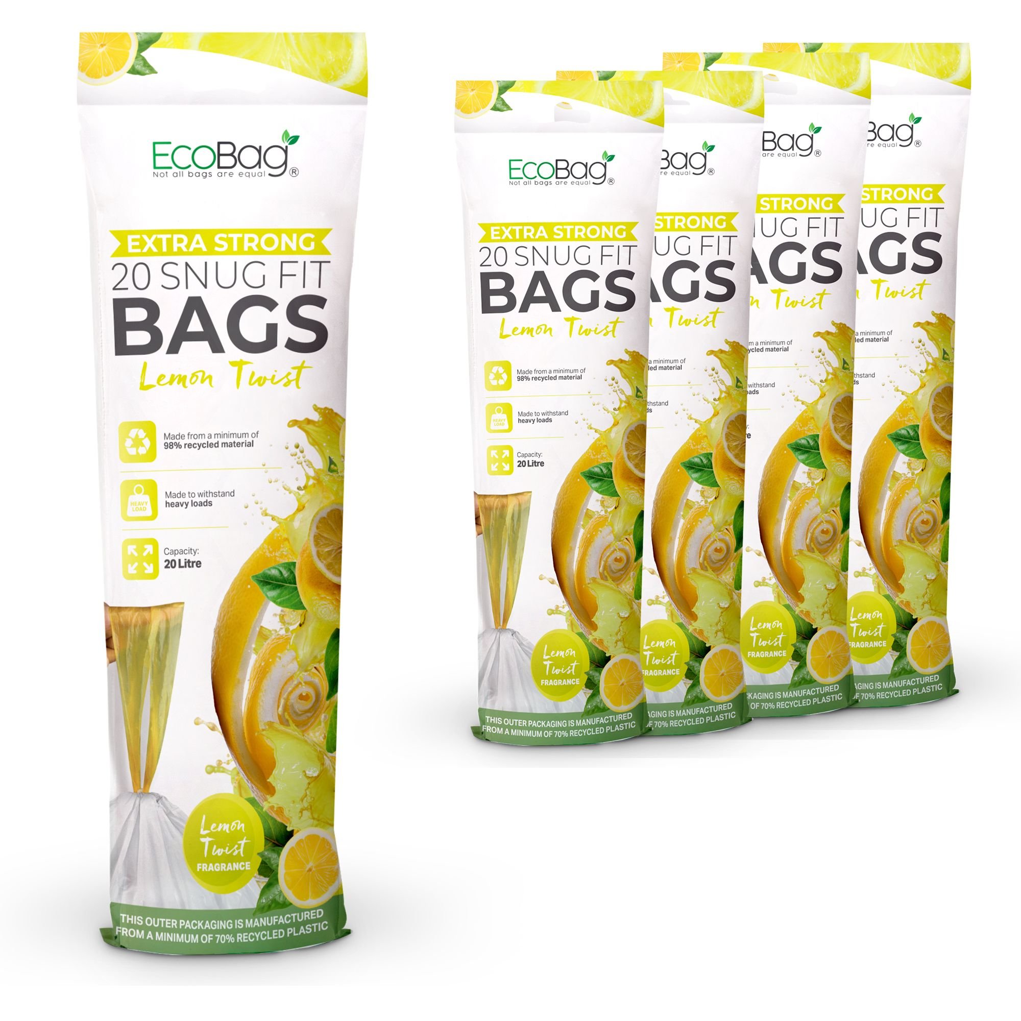 EcoBag 20L Lemon Scented Drawstring Kitchen Bin Liners - Pack of 100