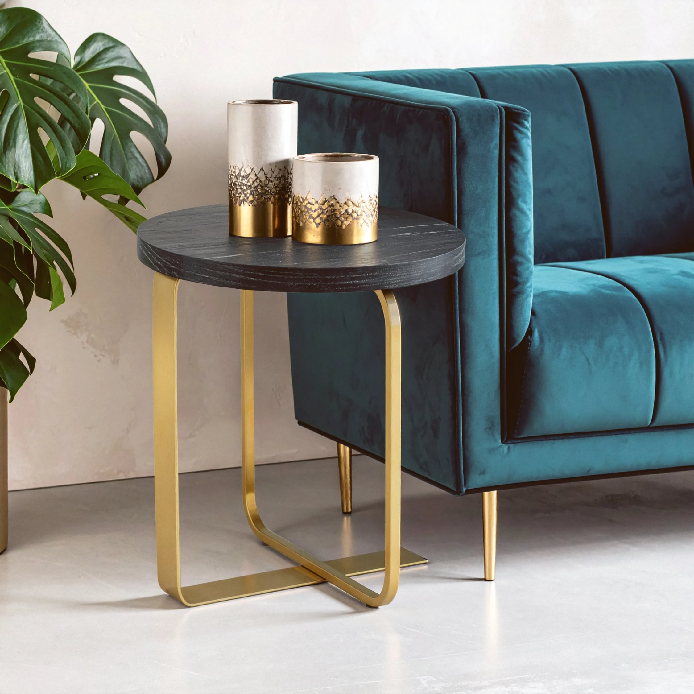 Orsina Lena Oak Veneer Round Side Table with Brushed Legs – Gold