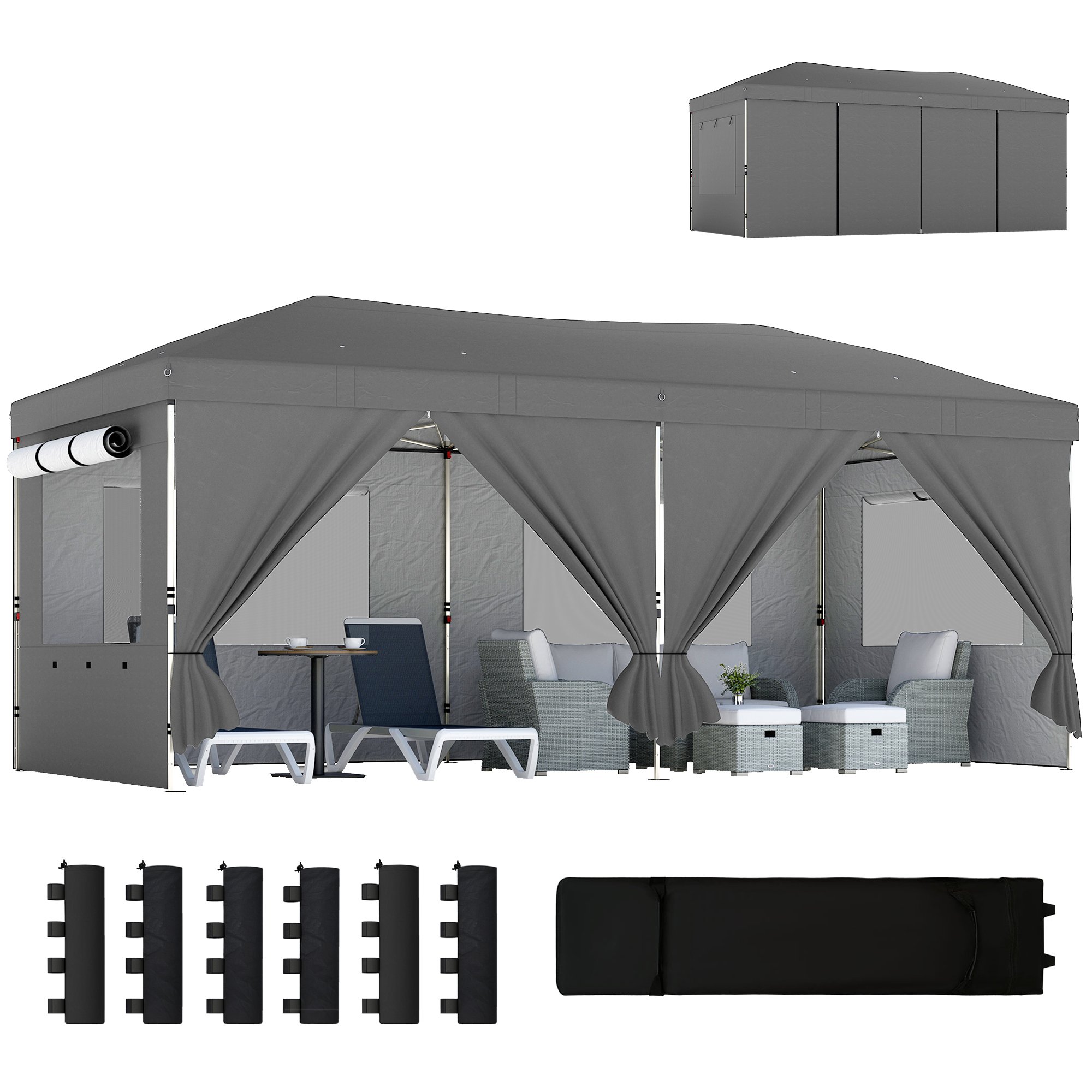 Outsunny 3 x 6 m 210D Oxford 6 Sidewalls Pop Up Gazebo – Dark Grey
