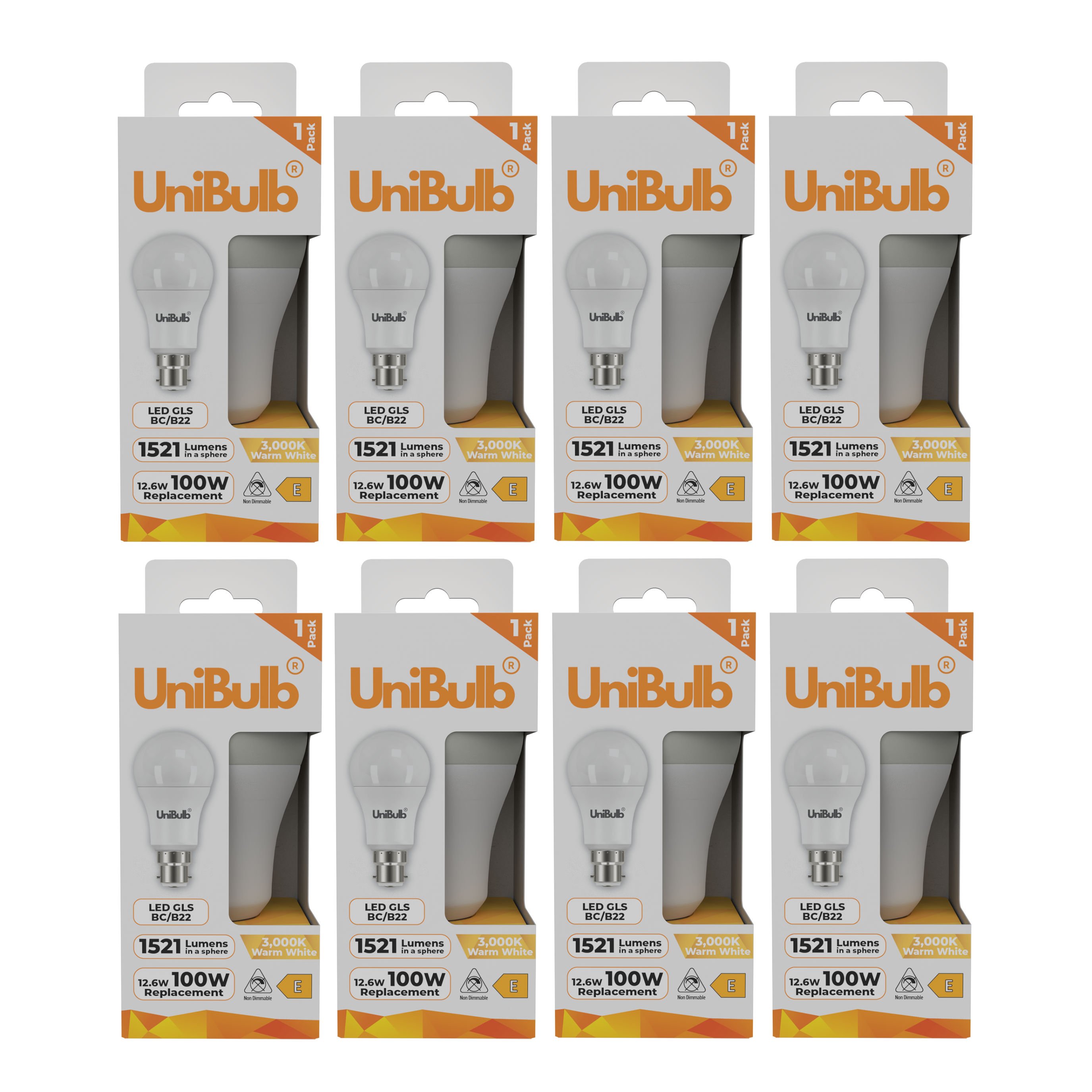 UniBulb 12.6W LED Warm White GLS B22 Light Bulb - Pack of 8