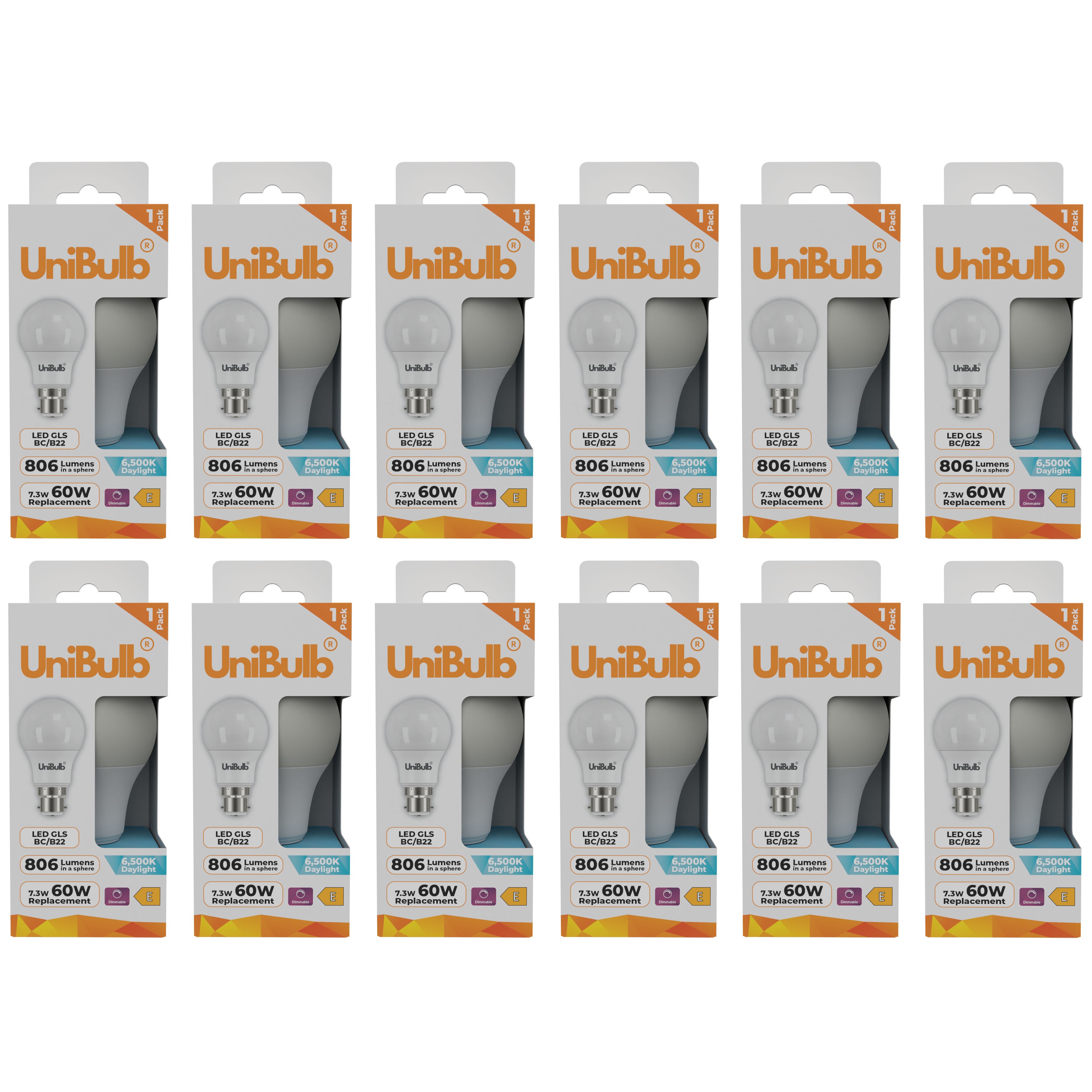 UniBulb 7.3W LED Daylight Dimmable GLS B22 Light Bulb - Pack of 12