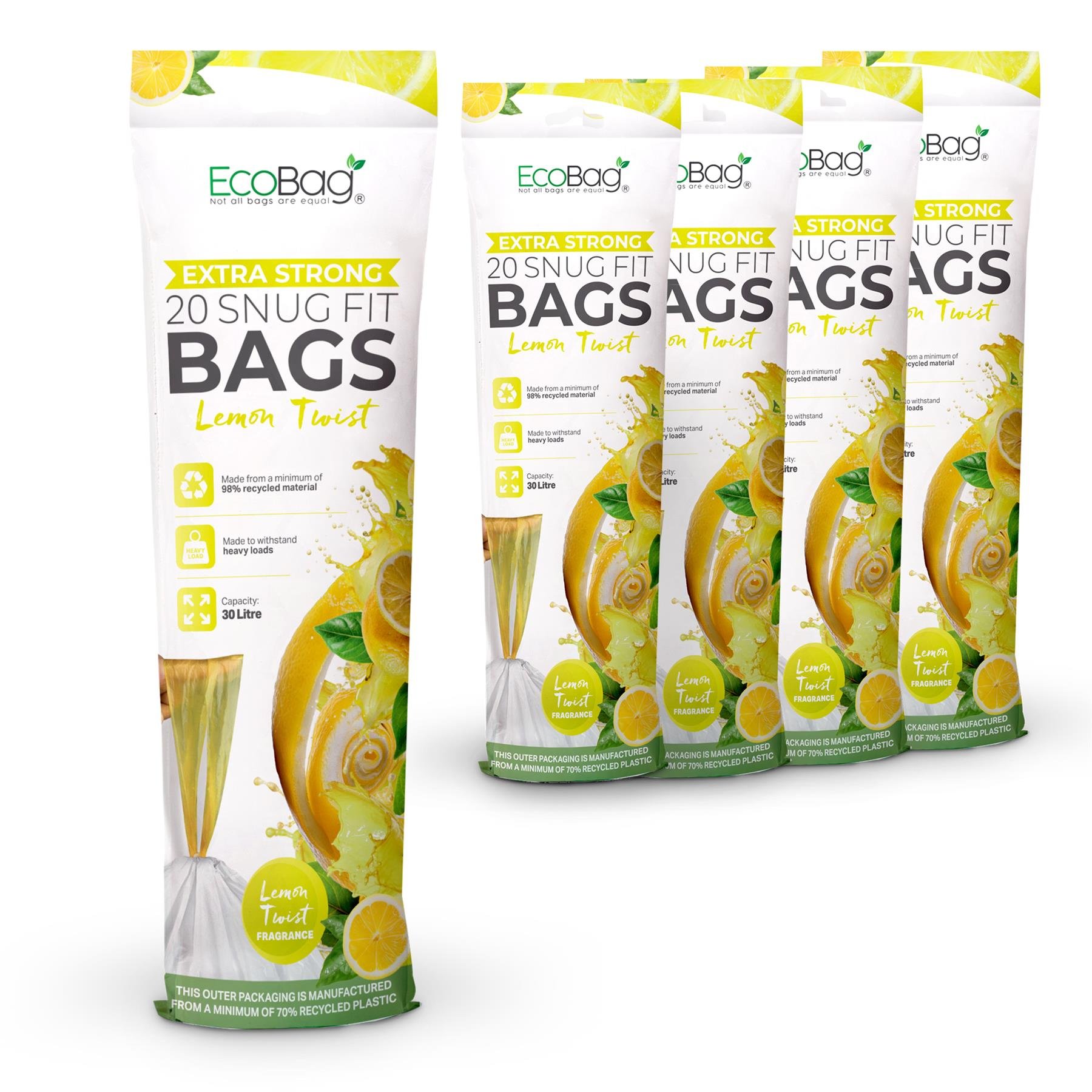 EcoBag 30L Lemon Scented Drawstring Kitchen Bin Liners - Pack of 100