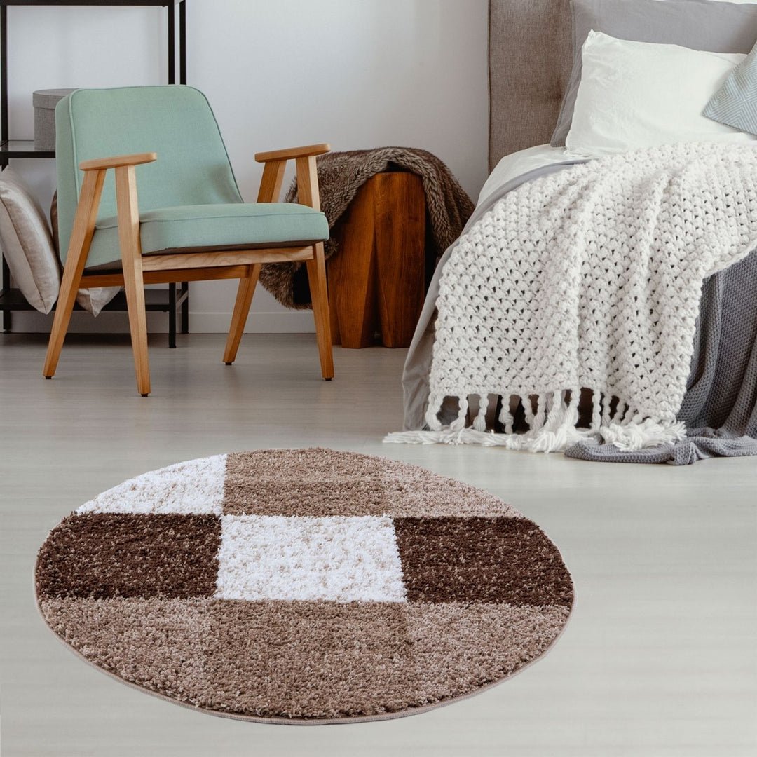 The Rugs Brown Myshaggy Checkered Round Shaggy Rug - 120cm