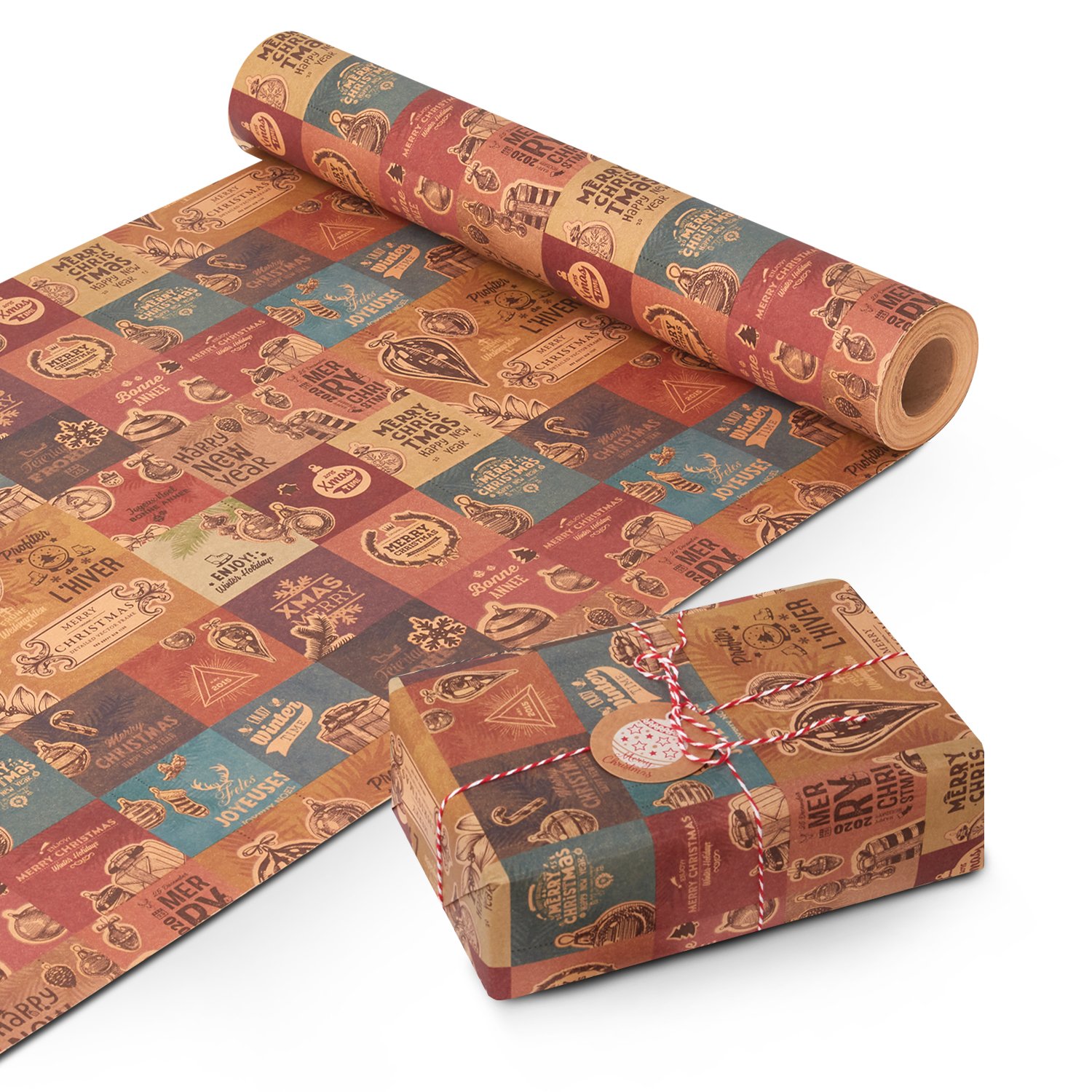 Kraft & Co 44.5cm x 25m Christmas Kraft Wrapping Paper Roll - Vintage Patchwork